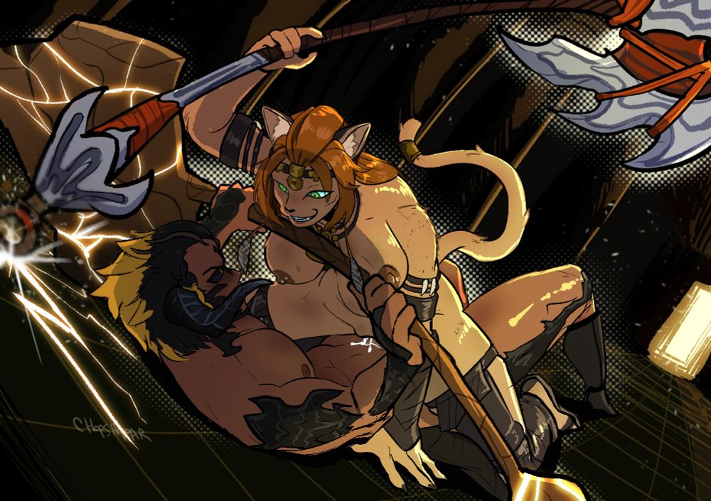 anthro au_ra battle_axe battle_sex black_hair black_scales chopshoppar cowgirl_position cum cum_in_pussy cum_inside femdom fight final_fantasy final_fantasy_xiv green_eyes hrothgar lion_ears lion_girl lion_tail lioness lizard_tail magnai_oronir male nude orange_hair scales sex_fight smile square_enix vaginal_penetration wuk_lamat yellow_eyes yellow_highlights