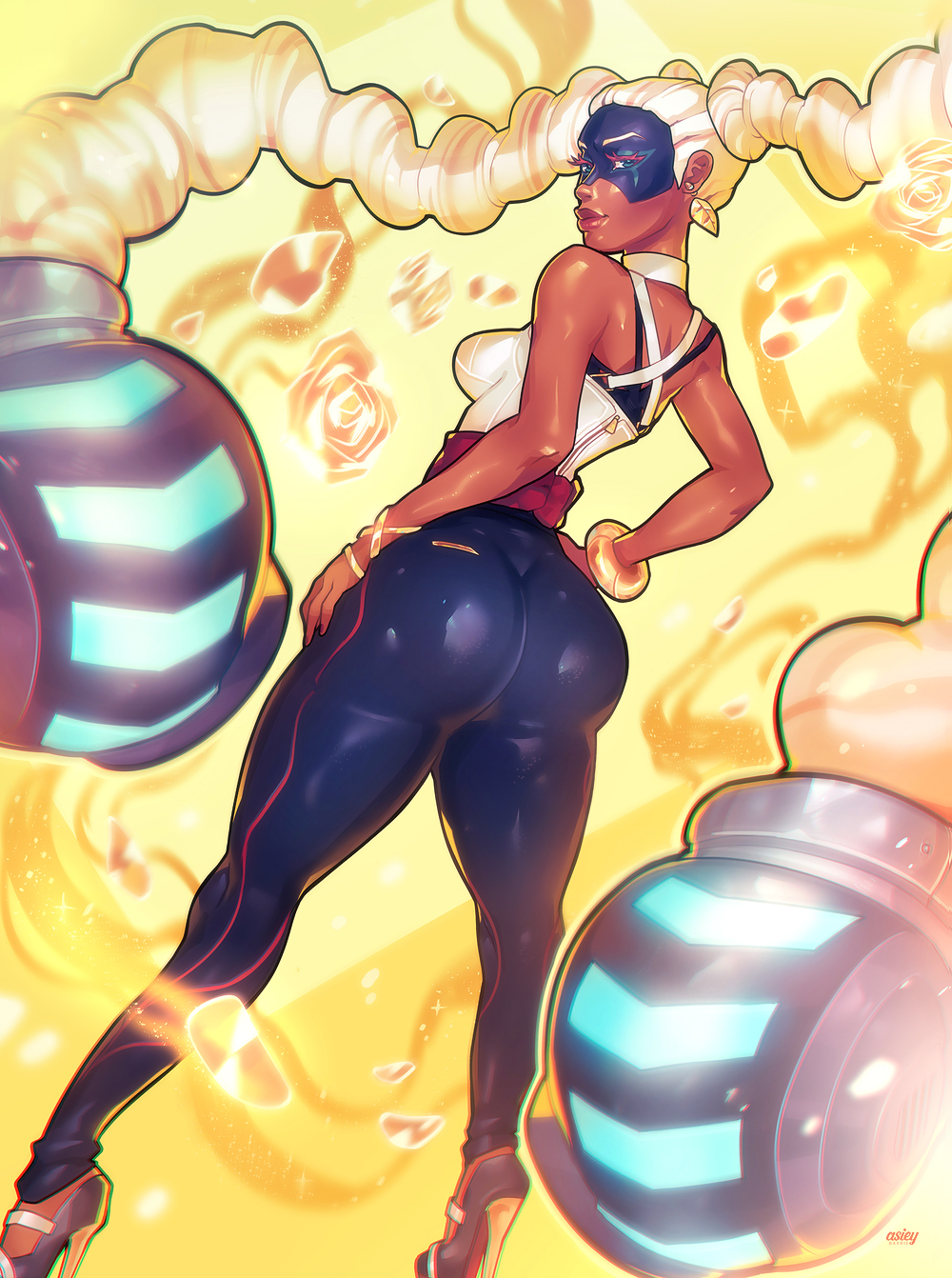 1girls, arms (game), ass, ass focus, blue eyes, bracelet, cinnabarbie, dark skin, dark-skinned female, earrings, female, fully clothed, hand on ass, hand on hip, heels, high heels, leggings, looking back, looking over shoulder, mask, nintendo, pink highlights, plump lips, pose, solo, solo female, straight hair, twintelle, white hair