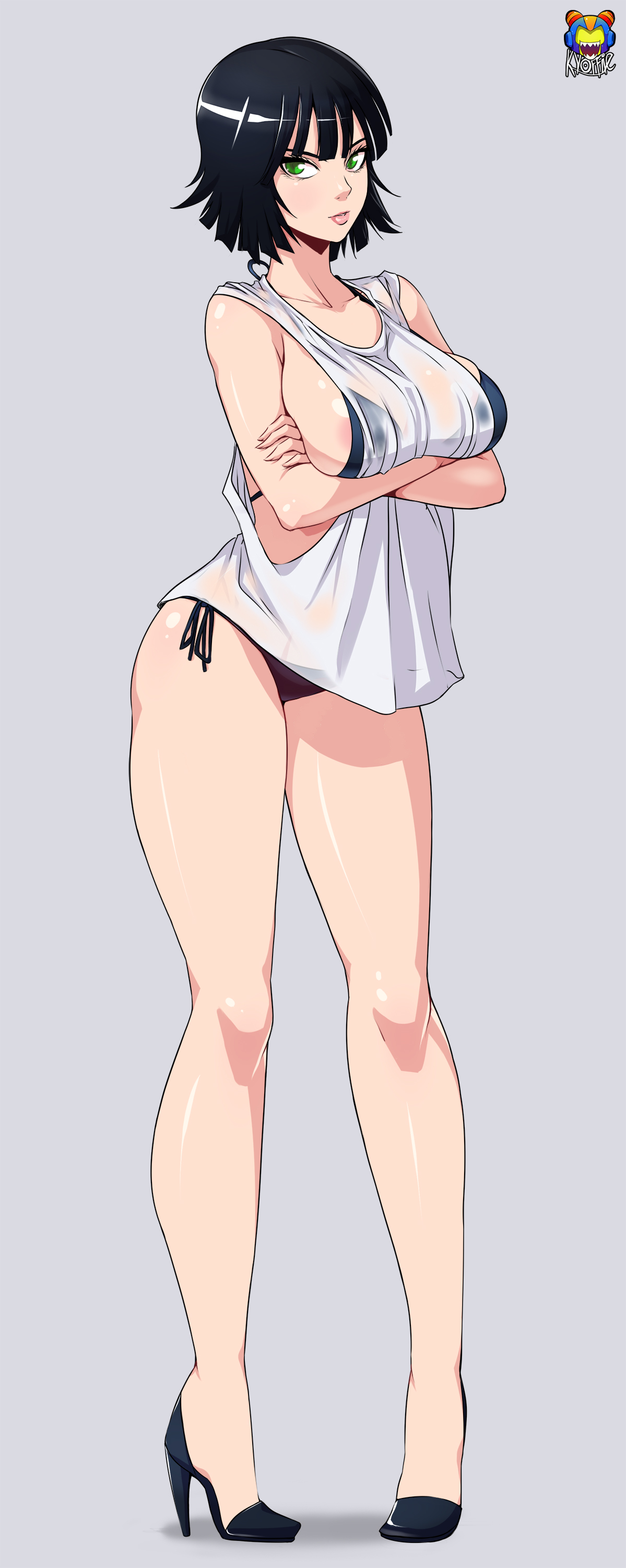 1girls, artist name, belly, bikini, bikini bottom, bikini top, black hair, black shoes, black-haired female, breasts, cleavage, covered breasts, female, female only, fubuki (one-punch man), green eyes, high heels, high resolution, hips, human, kyoffie, large breasts, legs, midriff, navel, one-punch man, shirt, shoes, short hair, simple background, solo, standing, swimsuit, tank top, thighs, very high resolution, watermark