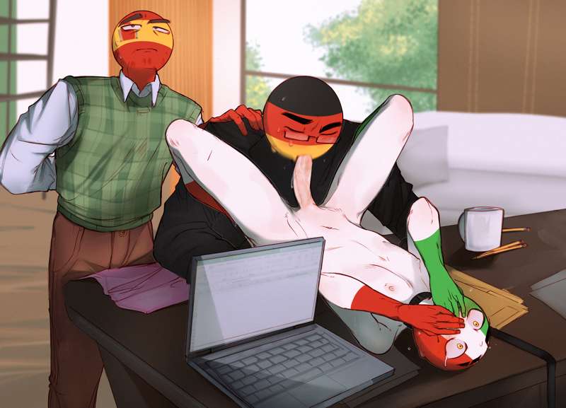 3boys against_table blowjob brown_eyes clothed/nude collar countryhumans dafriix gay germany_(countryhumans) glasses italy_(countryhumans) laptop leash male_only office spain_(countryhumans) sucking_penis sweat tagme yellow_eyes