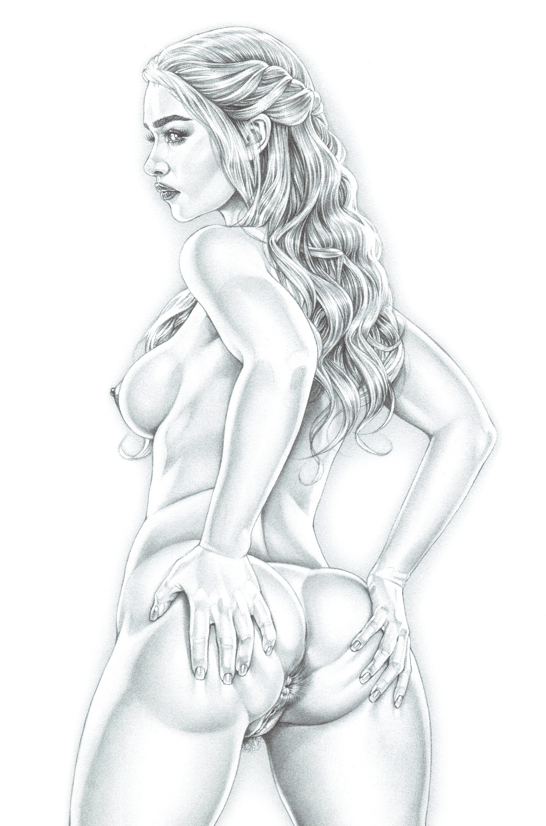 1girls, 2d, a song of ice and fire, actress, anus, armando huerta, ass, bare shoulders, breasts, celebrity, daenerys targaryen, emilia clarke, female, female only, female pubic hair, game of thrones, high resolution, hips, large breasts, legs, long hair, monochrome, nail polish, nipples, pubic hair, pussy, sideboob, solo, solo female, tagme, thighs, topless, vagina