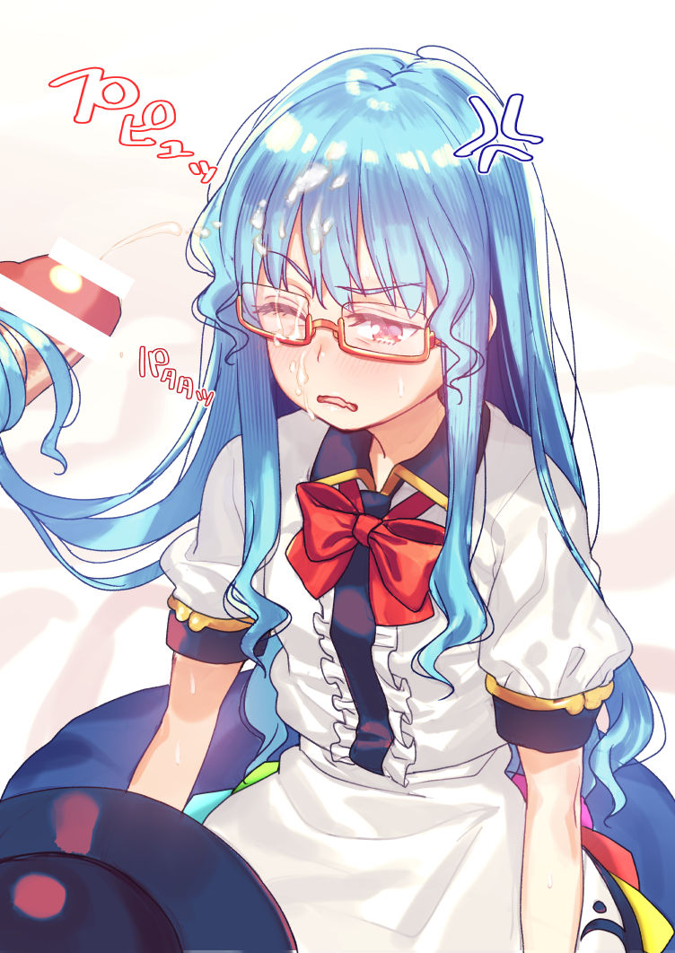 anger_vein bar_censor blouse blue_hair blue_skirt blush bow bowtie censored center_frills cum cum_on_glasses facial female glasses hairjob headwear_removed long_hair nose_blush one_eye_closed penis red_eyes short_sleeves sidelocks skirt subachi tenshi_hinanawi touhou very_long_hair white_blouse