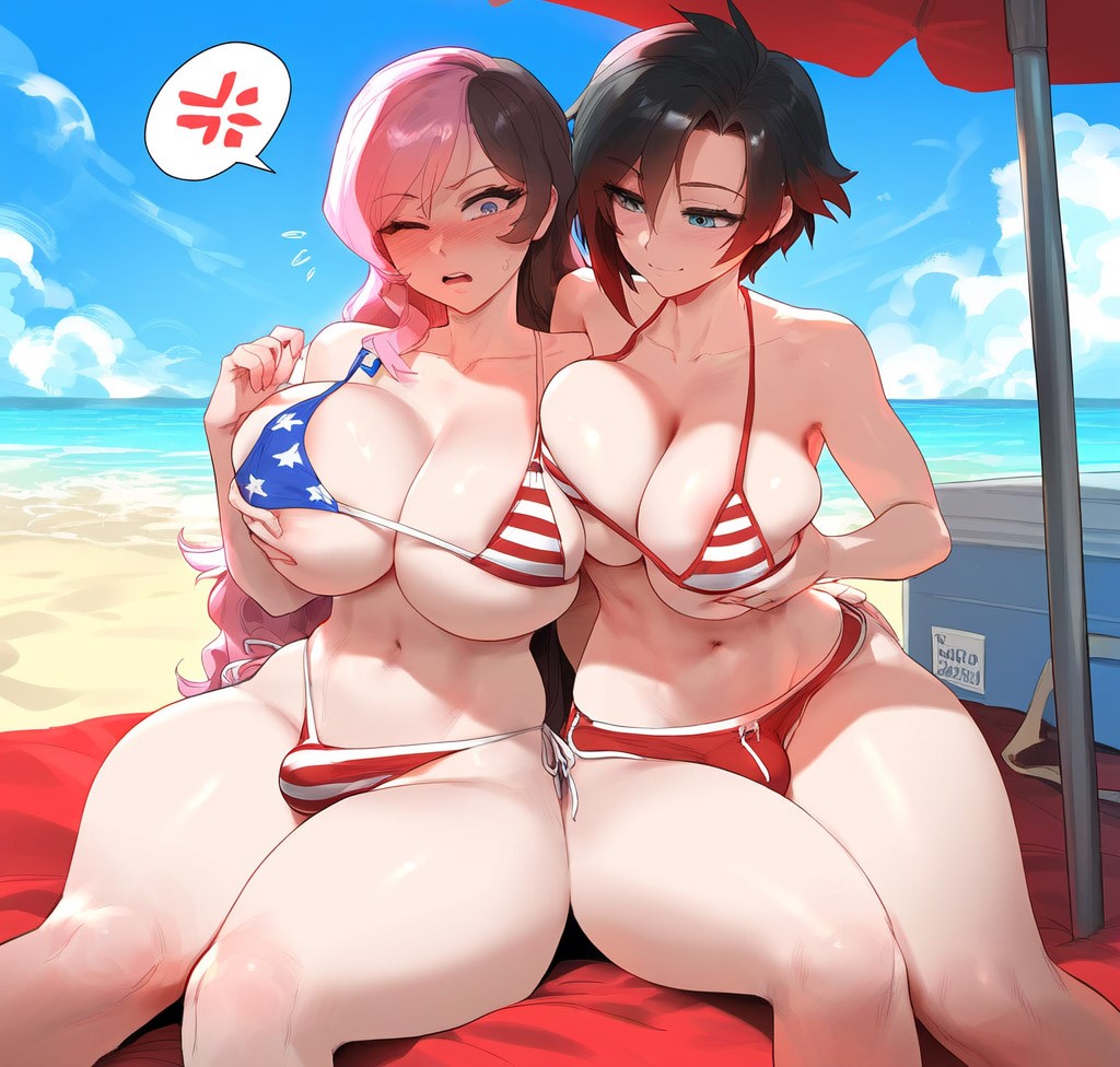 1girls 2girls ai_generated american_flag_bikini anger_vein areola_slip areolae beach bikini black_hair blue_eyes blush breast_grab breasts bulge_through_clothing cleavage cloud day erect_nipples_under_clothes flag_print futanari grabbing long_hair multiple_girls navel neo_(rwby) ocean one_eye_closed pink_hair racerai ruby_rose rule_63 rwby sand short_hair sitting sky spoken_blush swimsuit umbrella