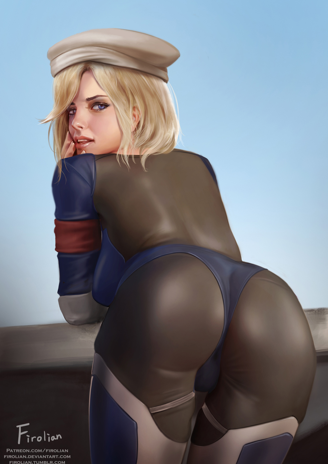 alternate costume, ass, beret, blizzard entertainment, blonde hair, blue eyes, combat medic ziegler, female, female only, firolian, inviting, looking at viewer, looking back, mercy, nurse, overwatch, overwatch 2, overwatch archives, seductive, solo
