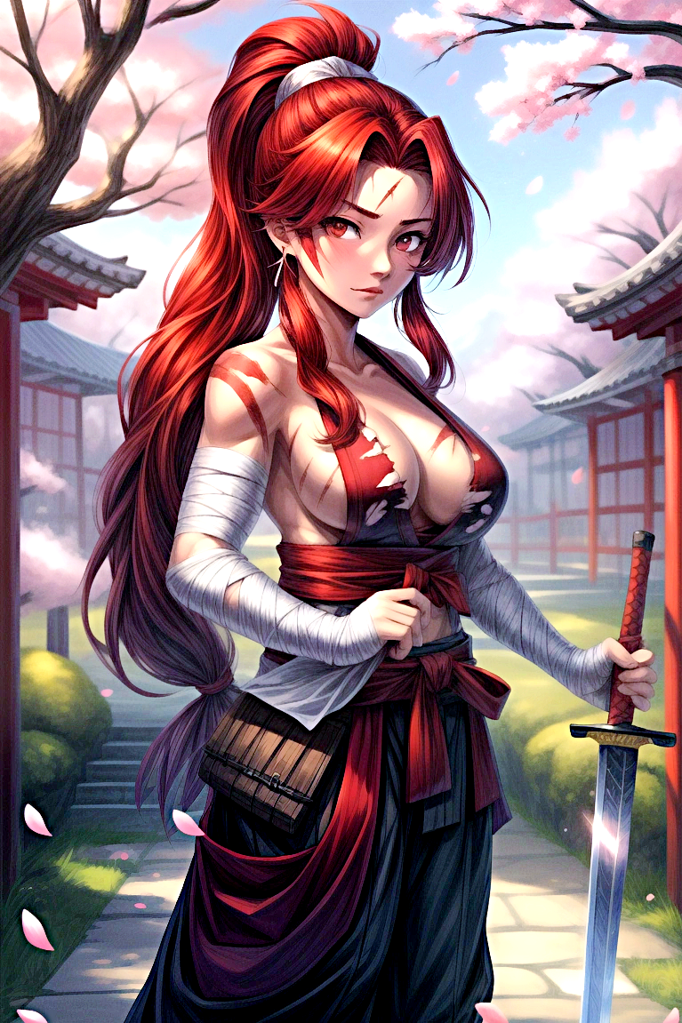 1girls ai_generated asian asian_clothing bandage bandaged_arm big_breasts breasts cherry_blossoms cleavage clothed clothed_female clothing female female_only holding_weapon jfxjxf long_hair looking_at_viewer outdoors ponytail red_eyes red_hair samurai scar scar_on_face scars_all_over scars_on_arm scars_on_chest solo solo_female solo_focus sword very_long_hair weapon