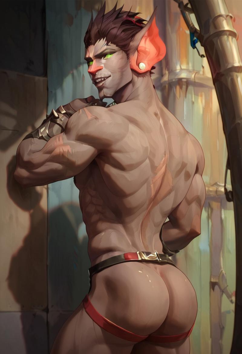 ai_generated arcane ass back bat biceps blush gay green_eyes jockstrap jockstrap_only league_of_legends looking_at_viewer looking_back male male_only muscular muscular_male scar_(arcane) smile toned_body toned_male twall97