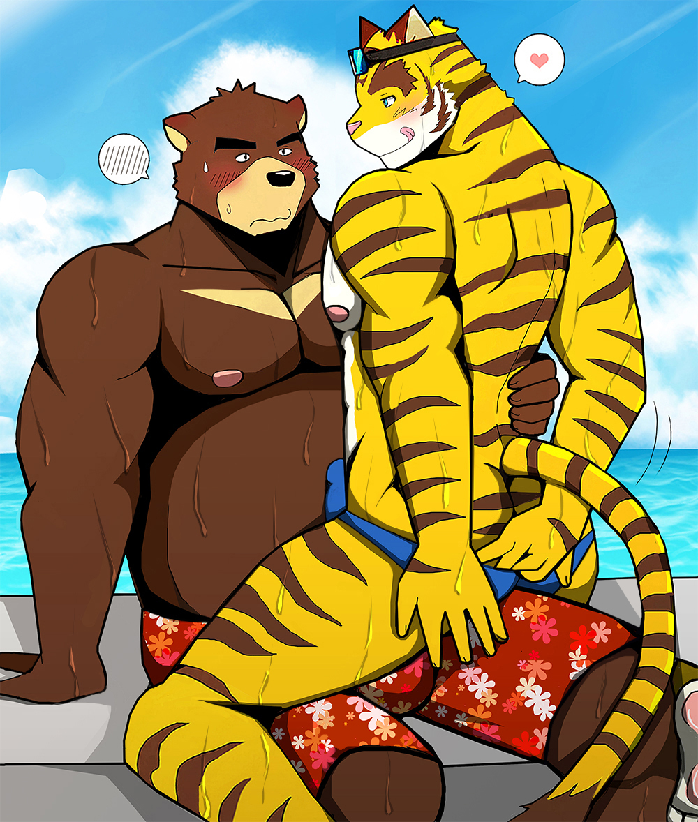 2017 anthro bear bearlovestiger13 belly biceps brown_fur clothing feline fur juuichi_mikazuki male male_only mammal morenatsu muscular muscular_male nipples pecs simple_background tiger torahiko_(morenatsu) underwear