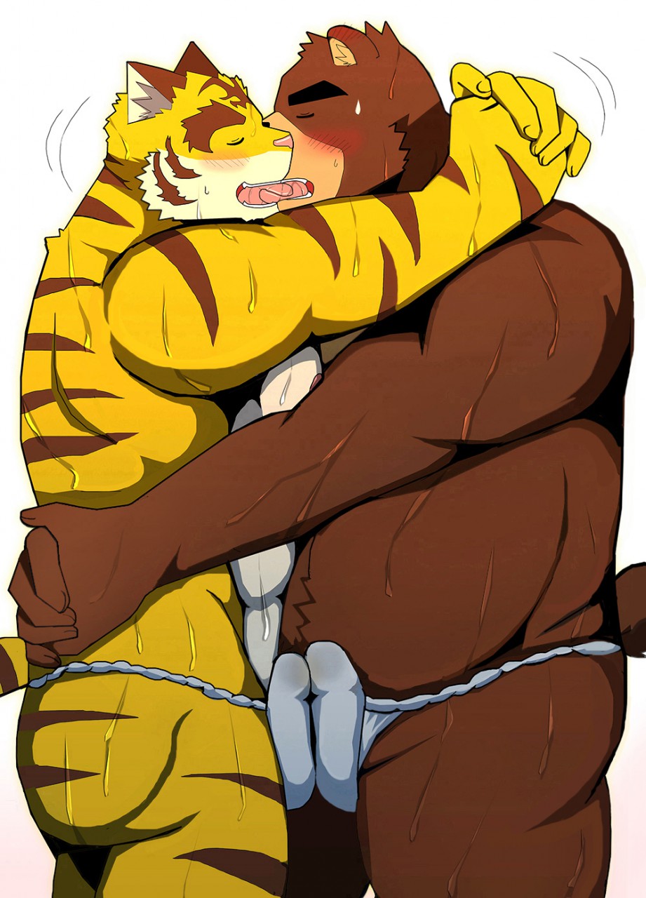 2017 anthro bear bearlovestiger13 belly biceps brown_fur bulge erection feline frottage fundoshi fur furry japanese_clothing juuichi_mikazuki kissing male mammal morenatsu muscular muscular_male nipples pecs penis sex sweat tiger torahiko_(morenatsu) underwear yaoi