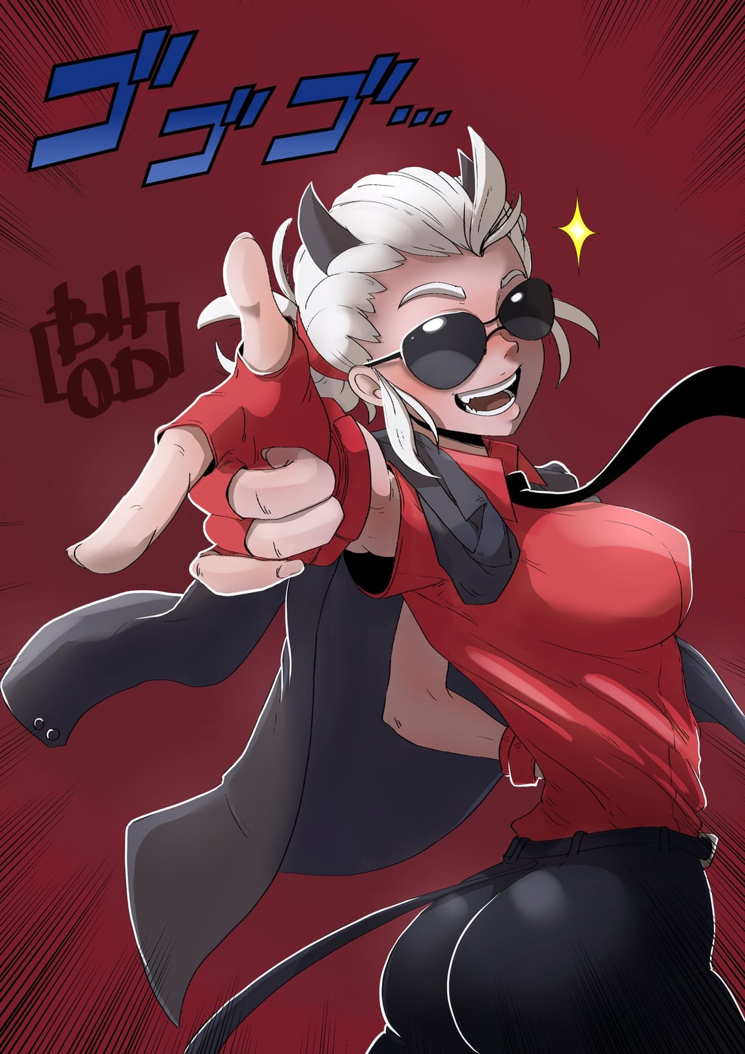 1girls blind buisness_suit business_attire business_woman clothed clothing demon demon_girl glasses gloves helltaker horns justice_(helltaker) necktie pointing_at_viewer red_gloves red_shirt shades smile smiling smiling_at_viewer tie tinted_eyewear white_hair