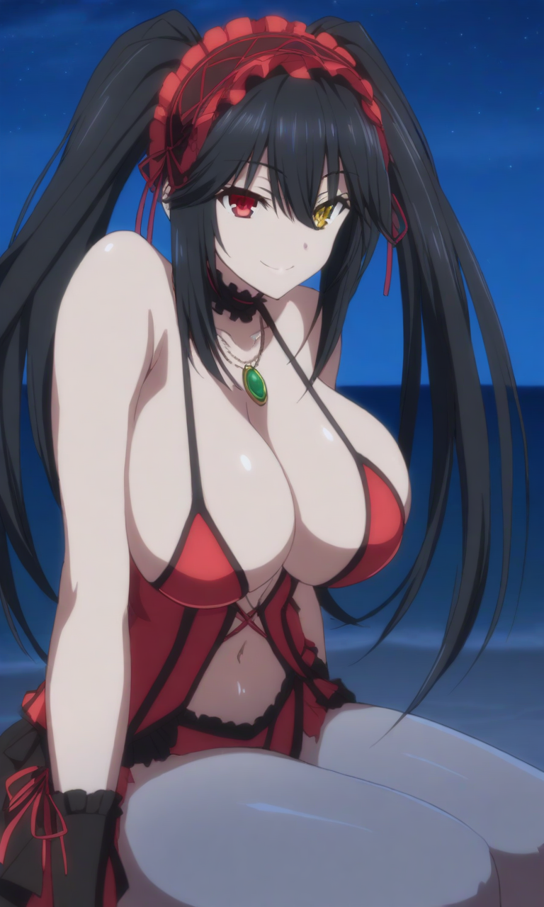 1girls ai_generated big_breasts breasts date_a_live female female_focus female_only heterochromia huge_breasts large_breasts looking_at_viewer navel smiling smiling_at_viewer thick_thighs thighs tokisaki_kurumi