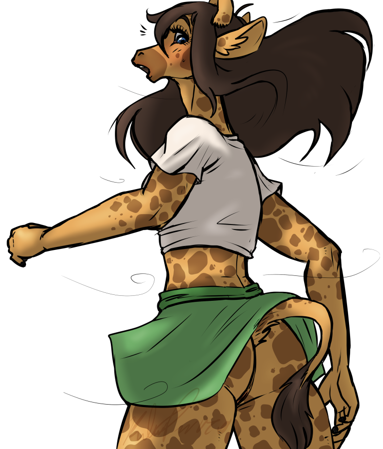 alpha_channel anthro anus blue_eyes blush brown_hair clothed clothing female giraffe hair looking_back mammal midriff no_underwear open_mouth pussy queenkami shirt simple_background skirt solo transparent_background upskirt walking wind