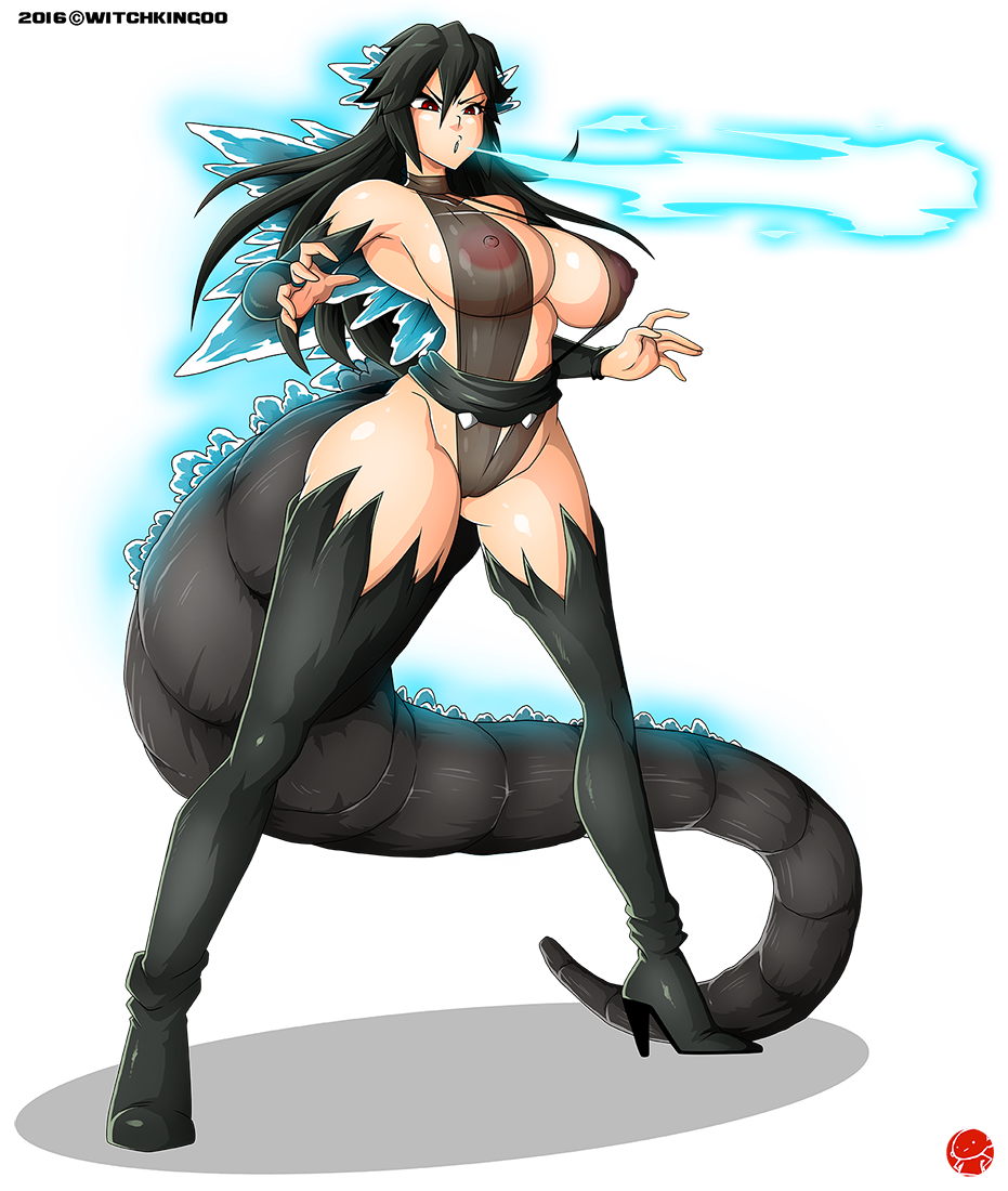 black_hair breasts cosplay dinosaur energy female glowing godzilla godzilla_(series) huge_breasts humanized kaiju kaiju_girl kaiju_girls_(webcomic) monster monster_girl personification pussy red_eyes revealing_clothes rule_63 sagging_breasts see-through sling_bikini tail toho_(film_company) witchking00