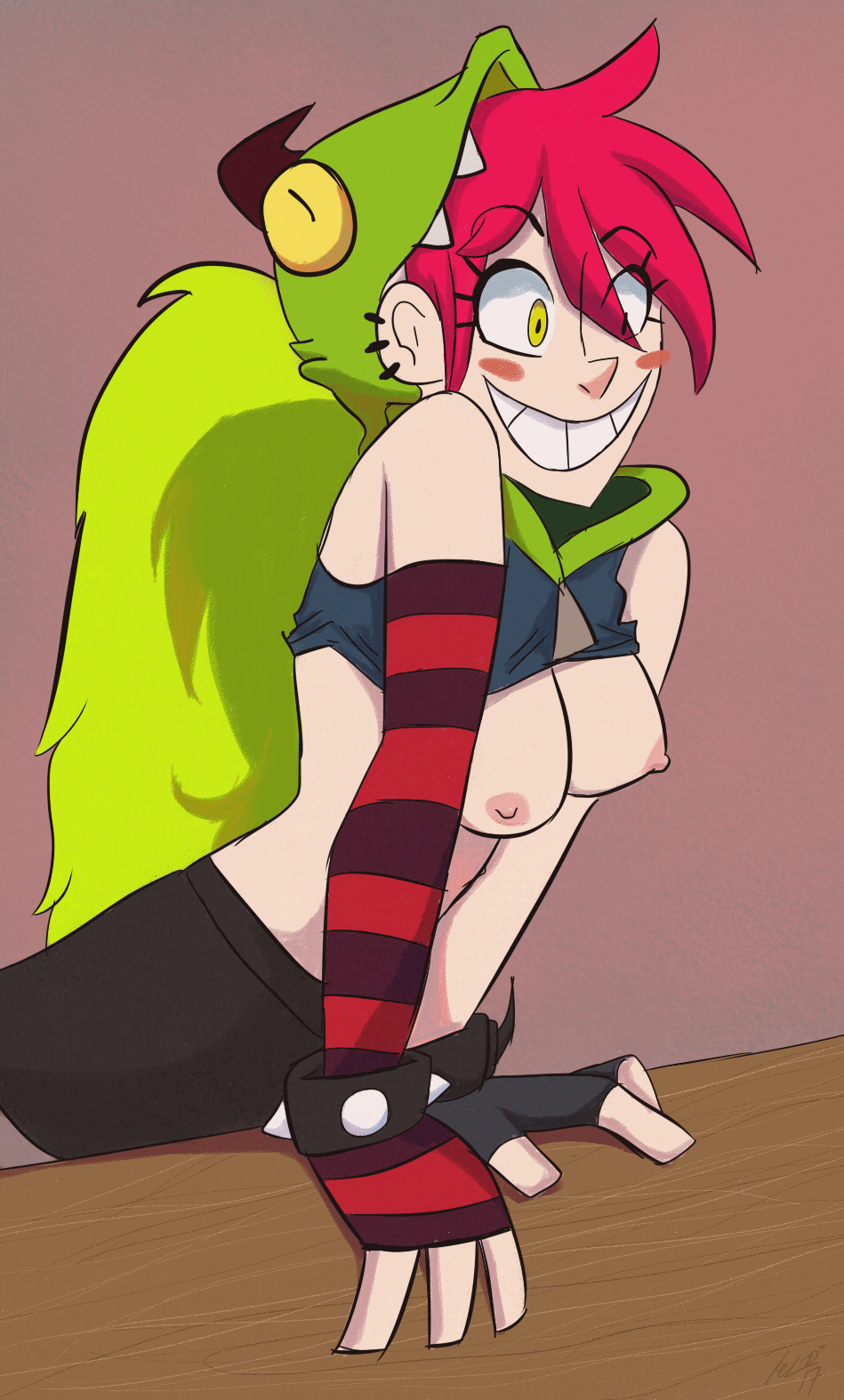 animal hood, artist request, breasts, demencia (villainous), female, nipples, red hair, smile, solo, tagme, villainous