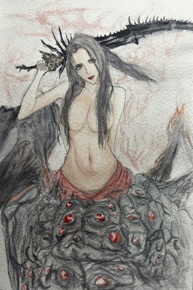 arachne arachnid_taur black_eyes black_hair chaos_witch_quelaag convenient_censoring dark_souls demon demon_girl exuomi fire fromsoftware large_breasts long_hair monster_girl red_eyes red_lipstick sketch spider_girl sword weapon