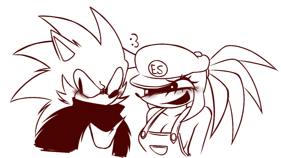 1boy 1girls blush fakeout_(doutm_fakersin) female friday_night_funkin overalls overalls_only sabotage_(exeg) smirking_at_partner sonic.exe sonic.exe_(series) sonic_(series)