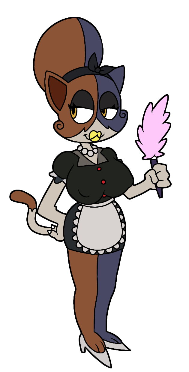 2d :3 anthro beehive_hairdo blue_fur brown_fur buttoned_shirt calico_cat cat_ears cat_tail claws epic_games feather_duster fortnite freak_anon_(artist) high_heels humanoid lipstick maid_apron maid_outfit meow_skulls_(fortnite) milf milfification pearl_necklace stepfordization wife yellow_eyes