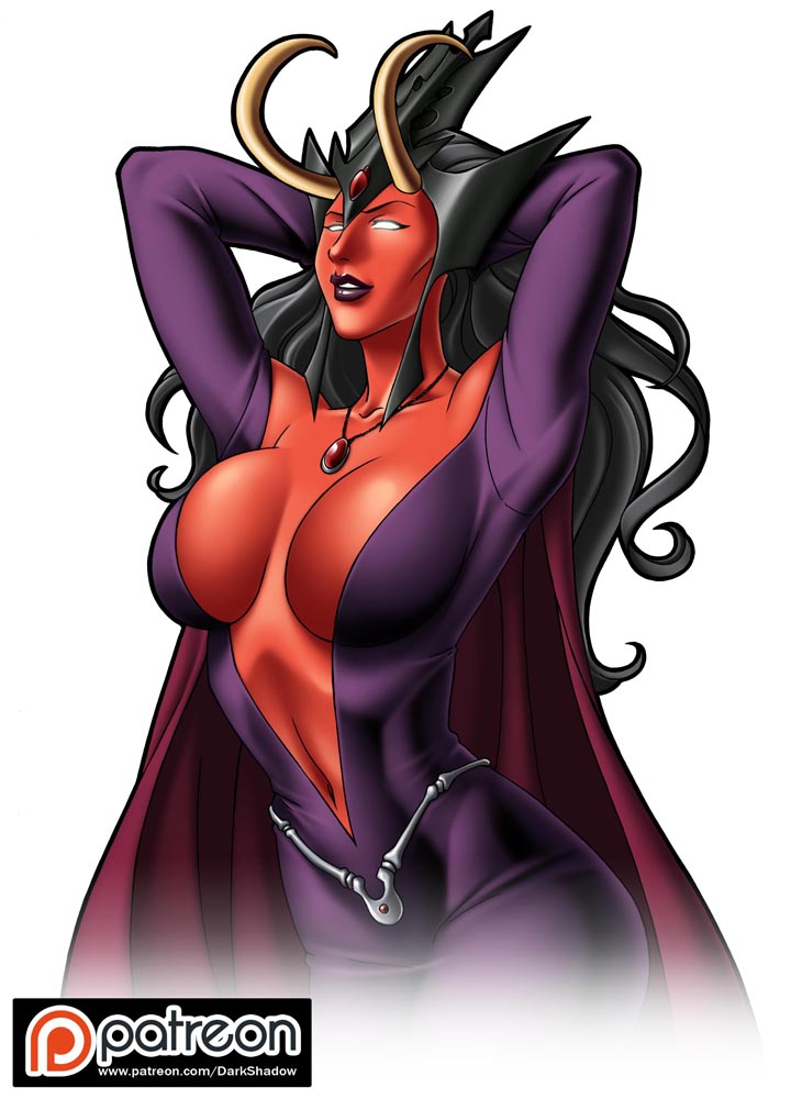 1girls, arms behind head, artist name, belly, black hair, breasts, cape, cleavage, covered breasts, crown, dc, dc comics, demon, demon girl, demon horns, devil, devil horns, dress, female, female only, fully clothed, hair ornament, horns, jewelry, lady blaze, large breasts, long hair, navel, necklace, patreon, red skin, shazam (series), solo, tagme, thedarkness, watermark, web address