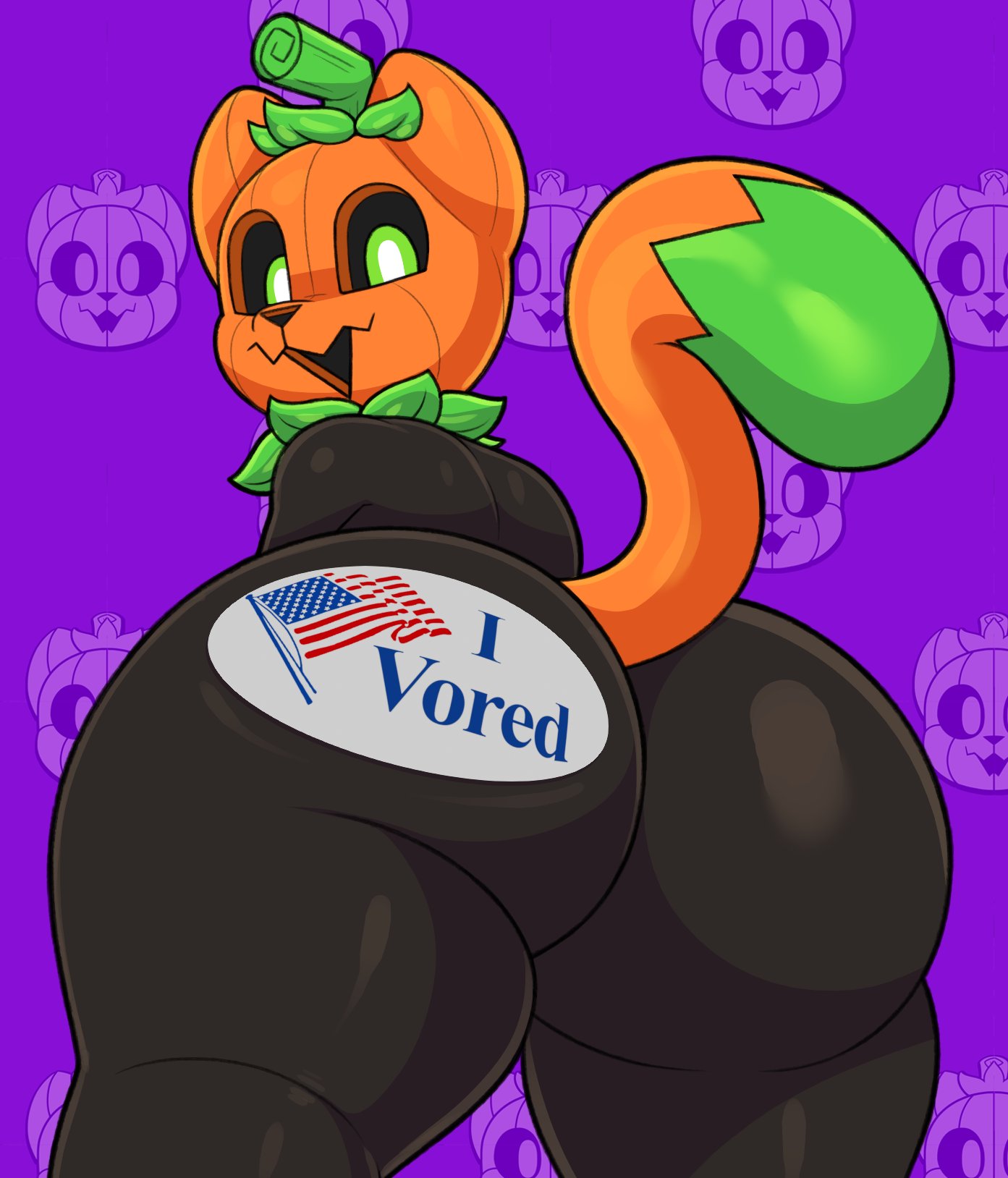 1boy 2024 :3 acstlu anthro ass ass_focus black_skin fat_ass femboy furry i-vored jack-o'-lantern male male_only pumkat simple_background sticker tagme tail