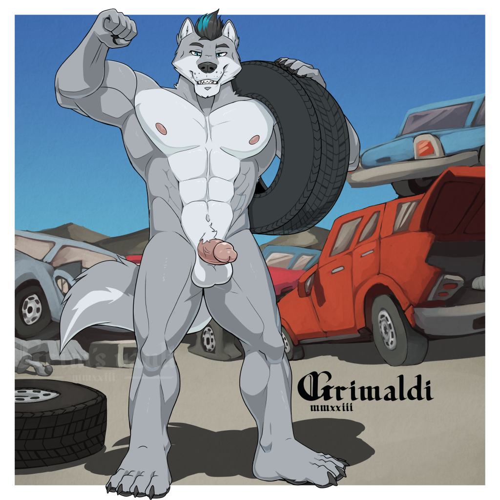 1:1 2023 4_toes 5_fingers abs anthro artist_name balls bedroom_eyes biceps big_chest big_muscles black_claws black_hair black_nose black_pawpads blue_eyes blue_highlights border broad_shoulders calf_muscles canid canine canis car car_wheel cel_shading cheek_tuft claws countershading damaged_vehicle day digital_drawing_(artwork) digital_media_(artwork) erection facial_tuft feet finger_claws fingers fist flexing flexing_bicep fluffy fluffy_tail fur genitals grey_body grey_fur grimsvault hair head_tuft highlights_(coloring) holding_tire humanoid_genitalia humanoid_penis junkyard leon_grundt looking_at_viewer male mammal multicolored_body multicolored_fur muscular muscular_anthro muscular_male narrowed_eyes navel nipples nude outsider pawpads paws pecs penis pink_nipples pink_penis plantigrade pose roman_numeral seductive serratus shaded signature simple_shading sky smile solo standing tail teeth tire toe_claws toes toothy_smile triceps tuft two_tone_body two_tone_fur vehicle vein veiny_penis wheel whisker_spots whiskers white_body white_border white_fur wolf