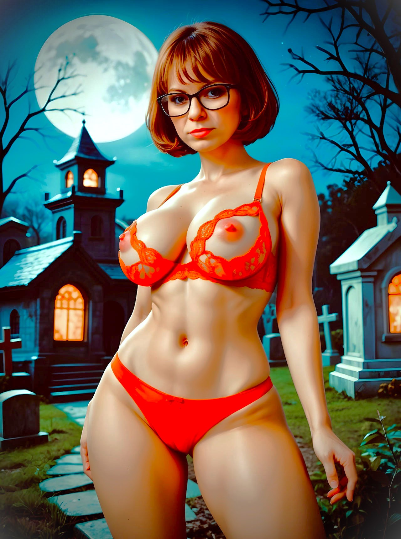 ai_generated bra breasts cameltoe erect_nipples glasses orange_bikini panties scooby-doo velma_dinkley