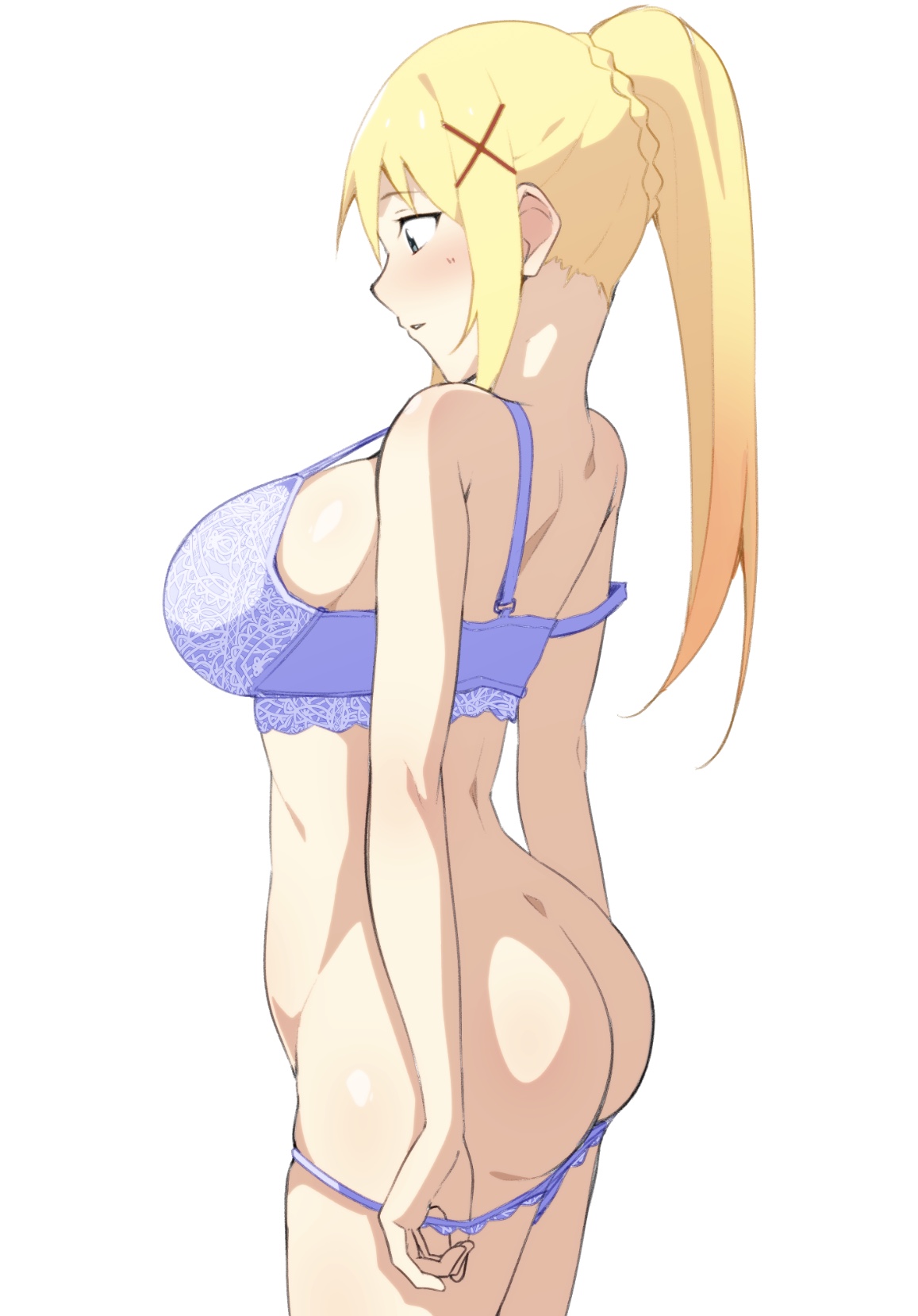 1girls, ass, blonde hair, blue eyes, blush, bra, breasts, darkness (konosuba), female, highres, kono subarashii sekai ni shukufuku wo!, large breasts, long hair, monya monya (tmsc7752), panties, panty pull, ponytail, pulling own clothes, sidelocks, solo, thighs, underwear, white background