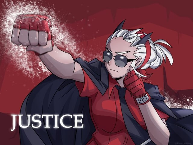 1girls blind buisness_suit business_attire business_woman demon demon_girl glasses gloves helltaker horns justice_(helltaker) necktie punching red_gloves red_shirt shades smile smiling smiling_at_viewer tie tinted_eyewear white_hair