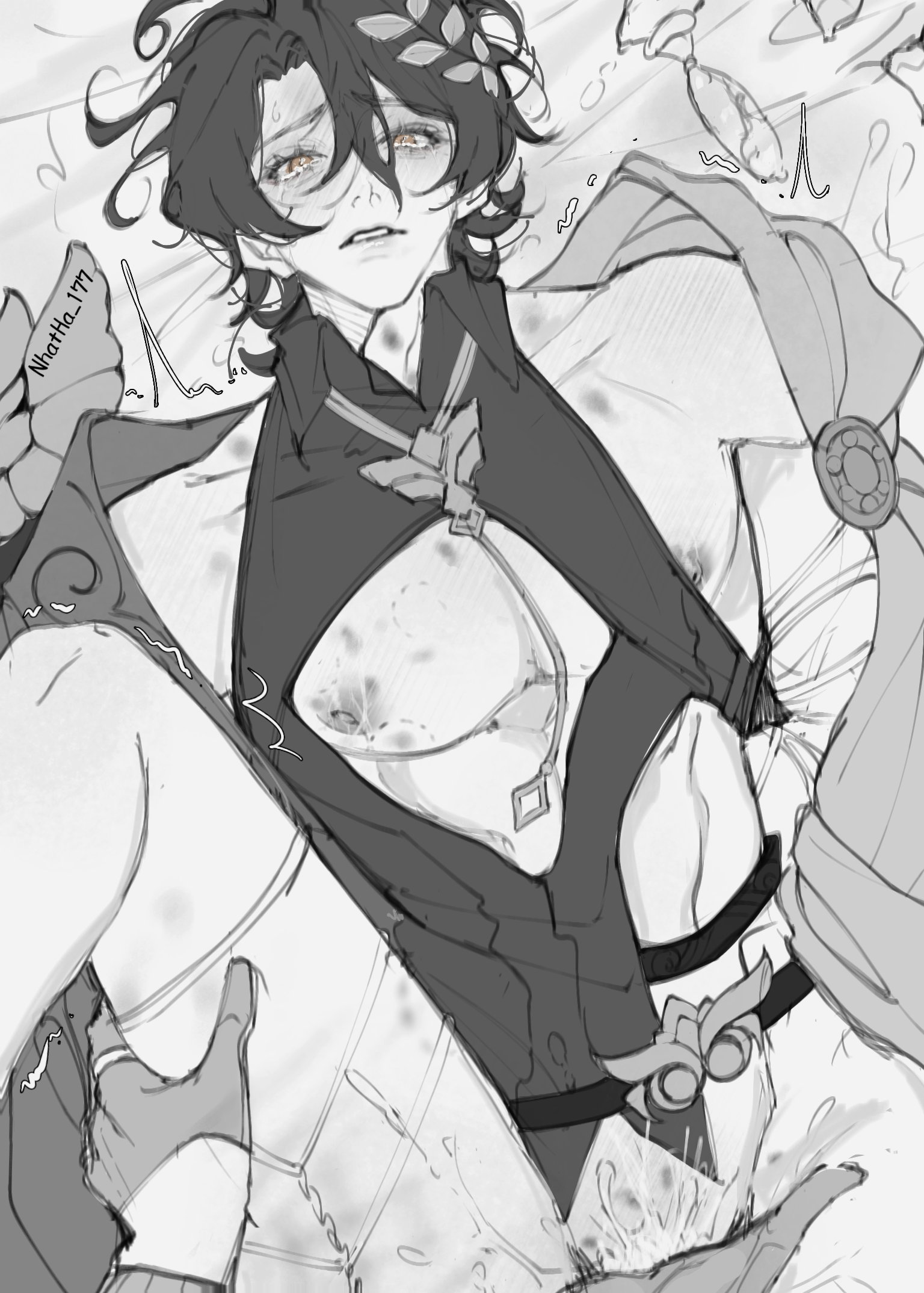 amber eyes, aventurine (honkai: star rail), breasts, crying, crying with eyes open, cuntboy, cuntboy focus, dark hair, dr. ratio (honkai: star rail), fingering, fingering partner, fingering pussy, gay, honkai (series), honkai: star rail, intersex, leg grab, leg up, looking at viewer, male, male breasts, male with breasts, pussy, pussy ejaculation, pussy juice, pussy ratio