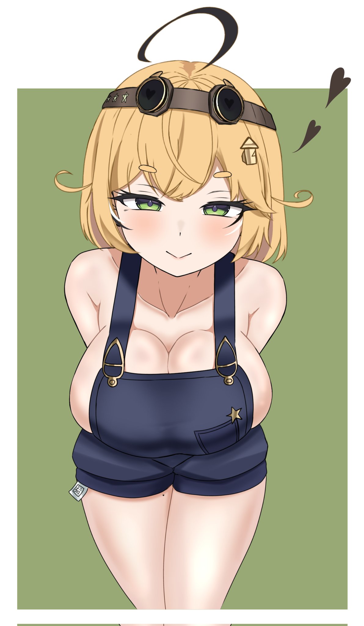 1girls :> arms_behind_back blonde_hair blush cleavage dooby3d green_eyes indie_virtual_youtuber large_breasts overalls_only seductive_look solo vtuber