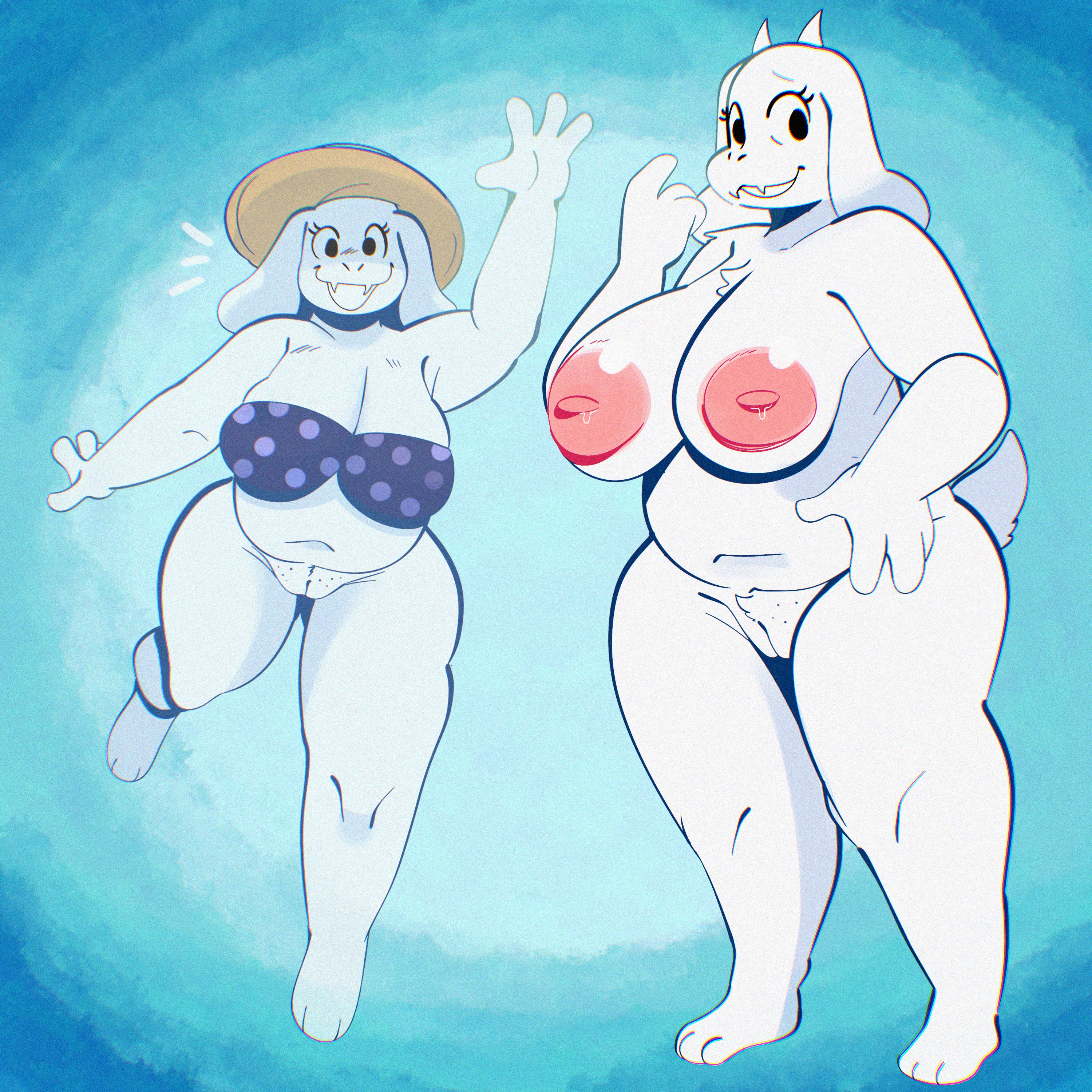 1:1, 2021, 2d, absurd res, anthro, big areola, big breasts, big nipples, bikini, bikini top, boss monster, bottomless, bovid, breasts, caprine, chubby, cleft of venus, clothed, clothing, color, curvy figure, digital media, digital media (artwork), electricplasmid, female, fur, genitals, gesture, hat, headgear, headwear, horn, huge breasts, looking at viewer, mammal, nipples, nude, on one leg, plantigrade, potbelly, pussy, samoyena, simple background, solo, standing, swimsuit, swimwear, toriel, uncensored, undertale, undertale (series), video games, waving, white body, white fur