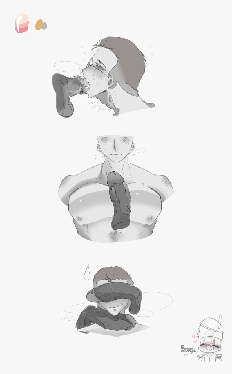 blowjob blush gay guts_&_blackpowder guts_and_blackpowder heart-shaped_pupils monochrome oc pecjob penis_on_face saliva_on_penis