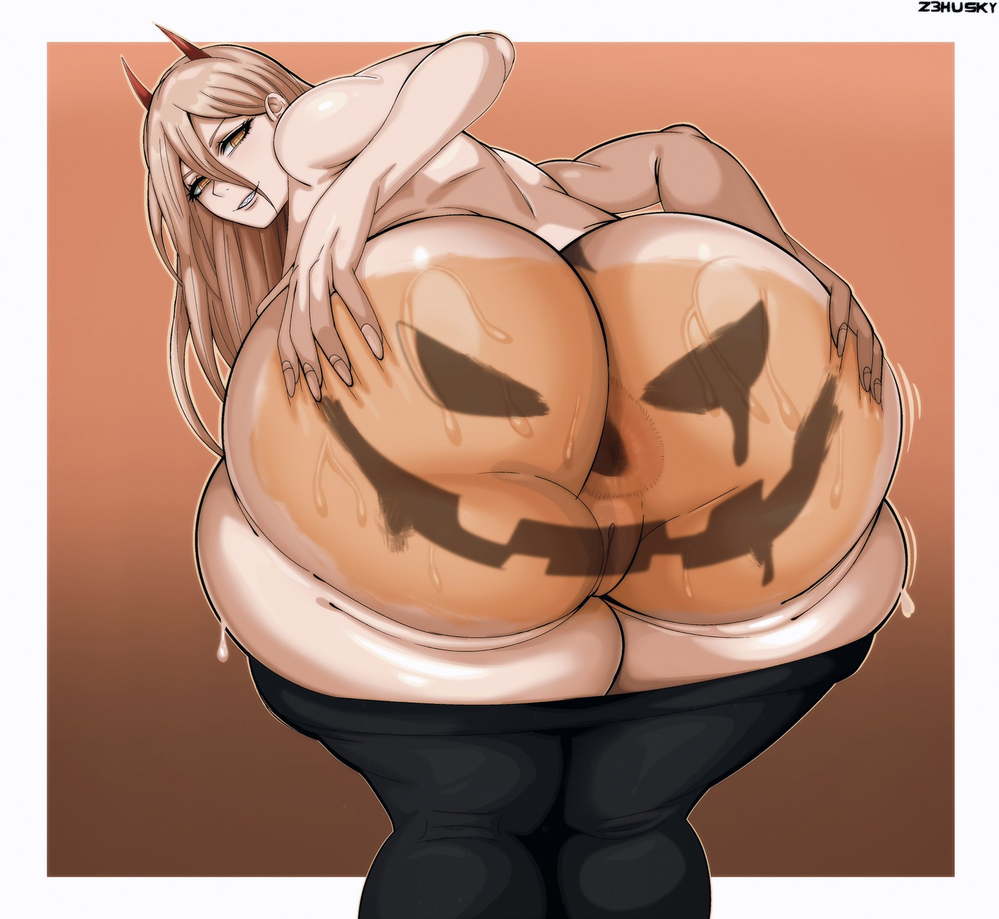 anus, ass, blonde hair, bubble butt, chainsaw man, curvy, fat ass, female, female only, from behind, grin, horns, huge ass, looking at viewer, no panties, painted butt, pants down, plump ass, power (chainsaw man), pumpkin, pussy, spread ass, spread cheeks, thick, thick ass, thick thighs, thighs, topless, wide hips, yellow eyes, z3husky