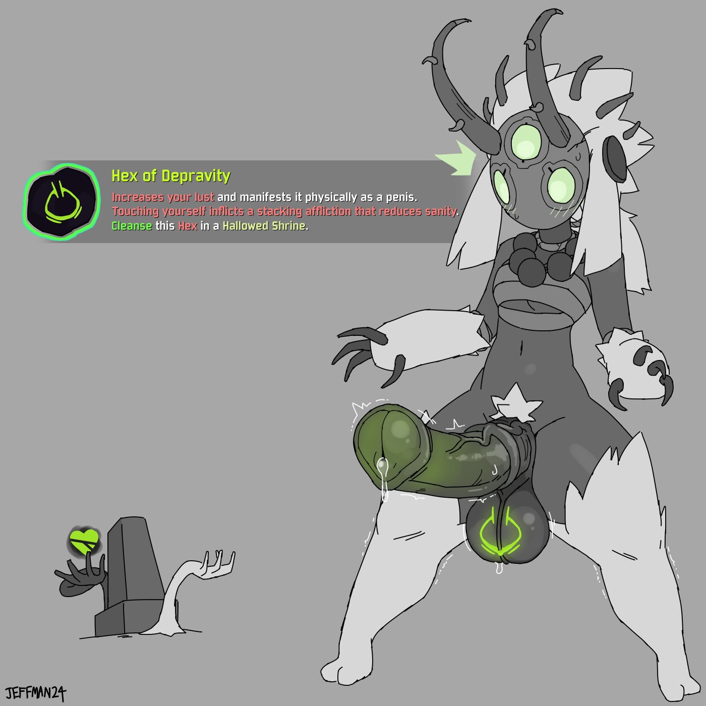 1futa, 2026, absurdly large cock, acolyte (risk of rain), after transformation, anthro, bead necklace, big penis, black body, blushing, claws, cock shock, female to futa, furry, futa transformation, futanari, gameplay mechanics, green eyes, hi res, horns, horsecock, item description, jeffman24, mask, masked, masked female, multi eye, necklace, occult symbol, penis growth, ponytail, precum, risk of rain, risk of rain 2, spikes, sweating, tattoo, white fur, white hair, wrappings