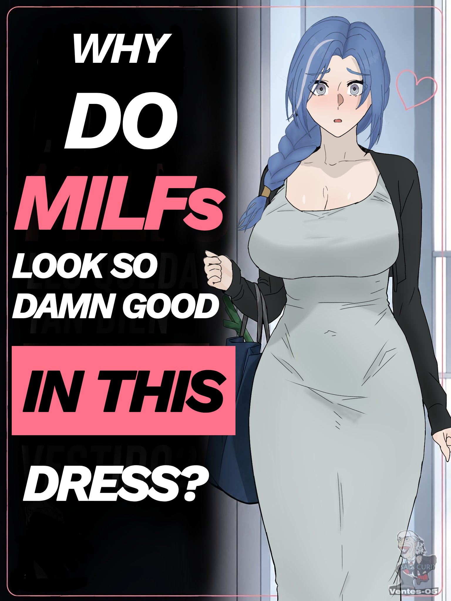 2d, anime style, blue eyes, blue hair, blush, blushing, braided ponytail, breasts bigger than head, child bearing hips, cleavage, cleavage cutout, hourglass figure, hourglass figured female, huge breasts, large ass, large breasts, large butt, large thighs, long hair, looking at viewer, mature, mature body, mature female, mature figure, mature woman, milf, milf ass, milf body, mommy, mommy kink, mommy milkers, oc, open jacket, ponytail, pov, pov eye contact, slim waist, tagme, text, text focus, thick ass, thick butt, thick hips, thick thighs, tied hair, tight dress, voluptuous, voluptuous body, voluptuous female, voluptuous woman, wide hips, writing