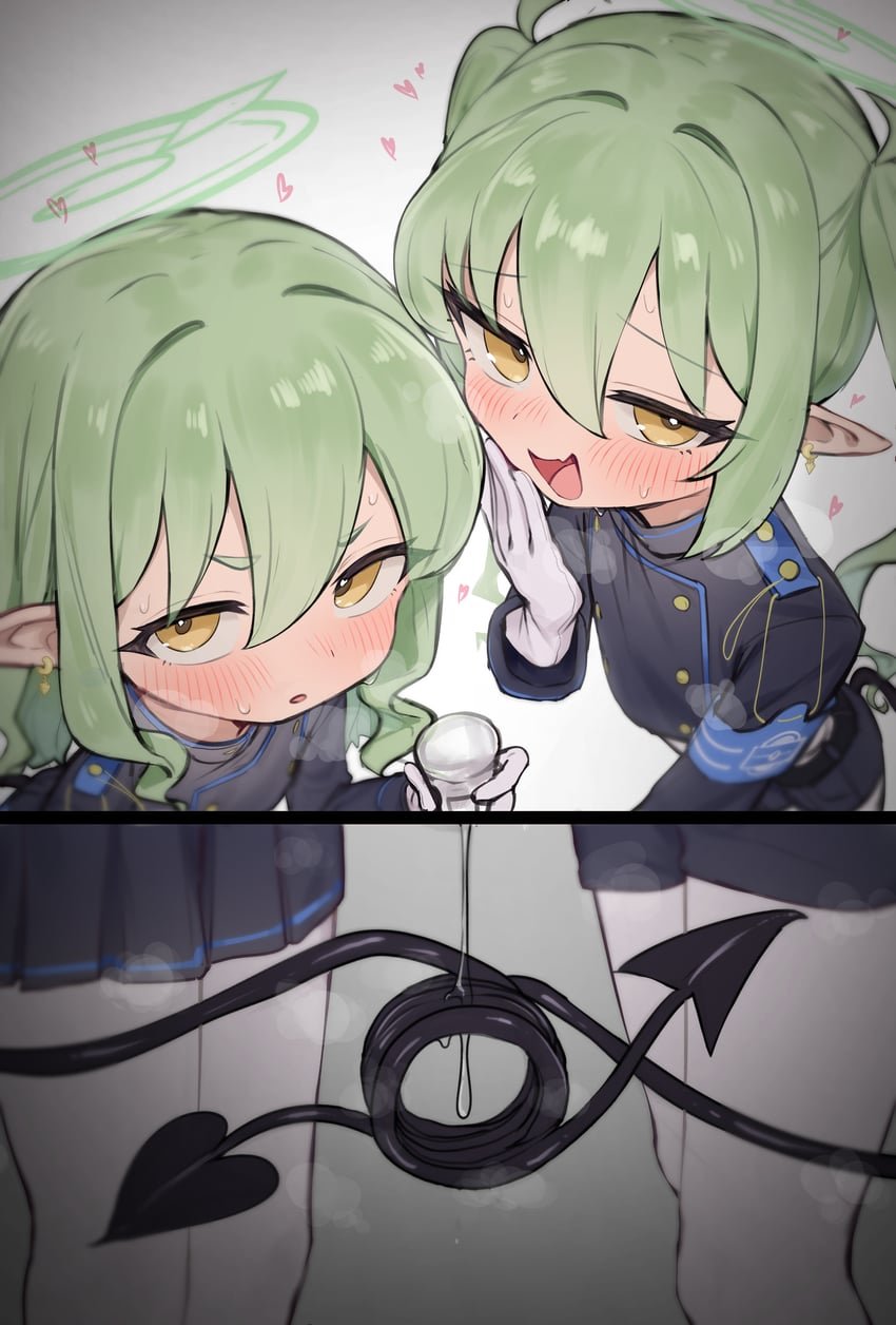 2girls, absurdres, armband, black jacket, black skirt, black tail, blue archive, blue armband, blush, commentary request, demon girl, demon tail, earrings, fang, gloves, green hair, green halo, halo, heart, highres, hikari (blue archive), imminent tailjob, jacket, jewelry, looking at viewer, miniskirt, multiple girls, nozomi (blue archive), open mouth, pantyhose, pita goral, pleated skirt, pointy ears, siblings, sisters, skin fang, skirt, tail, thick eyebrows, twins, twintails, v-shaped eyebrows, white gloves, white pantyhose, yellow eyes