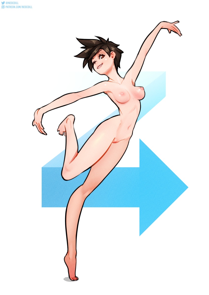 1girls, areolae, breasts, female, female only, legs, long legs, looking at viewer, medium breasts, neocoill, nipples, nude, overwatch, slender legs, solo, thighs, tracer