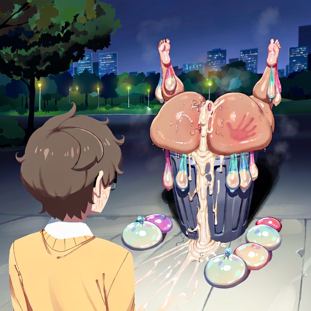 1boy, 1girls, after sex, ai generated, big ass, condom, condom balloon, cum, cum in ass, cum in pussy, cum inside, cumdump, excessive cum, hayase nagatoro, ichimou, naoto hachioji (senpai), please don't bully me, nagatoro, slap mark, slap mark on ass, sweat, trash, trash can, used condom