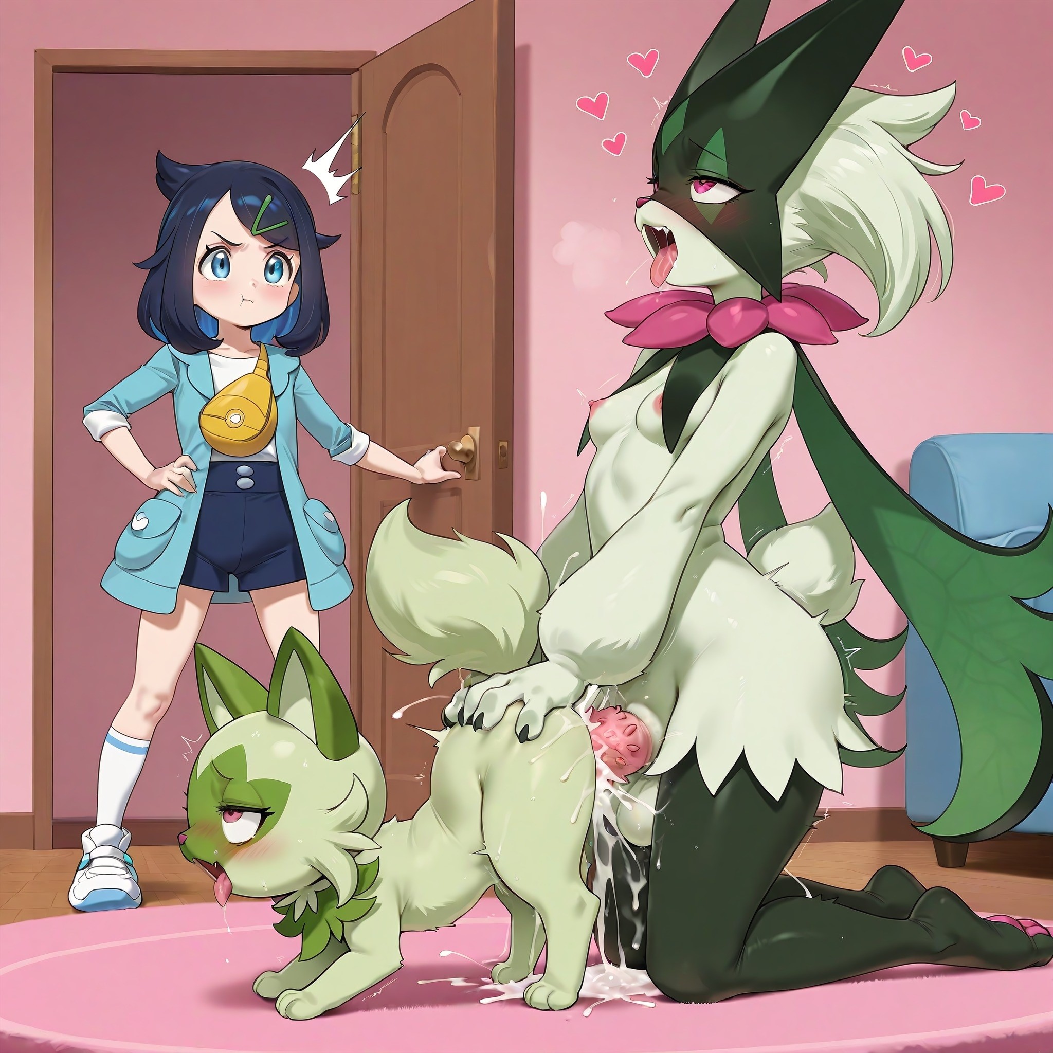ahegao, ai generated, all fours, angry, balls, blue eyes, breasts, cock, cum, female, feral, fur, furry, futa on female, futanari, incest, liko (pokemon), meowscarada, nameless gooner, nipples, pink eyes, pokemon, pokemon (species), pout, self upload, sex, spiky cock, sprigatito, tail, vaginal penetration