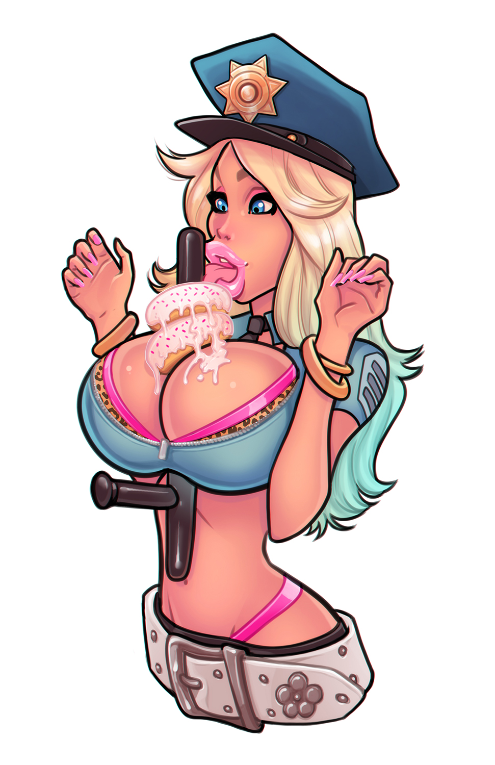 1girls belt between_breasts big_lips bimbo blonde_hair blue_eyes bra bra_cups_sticking_out breasts busty cleavage cop dby donut eyeshadow food_between_breasts hourglass_figure large_breasts lipstick makeup nightstick object_between_breasts peaked_cap police police_cap policewoman sexually_suggestive solo voluptuous whale_tail