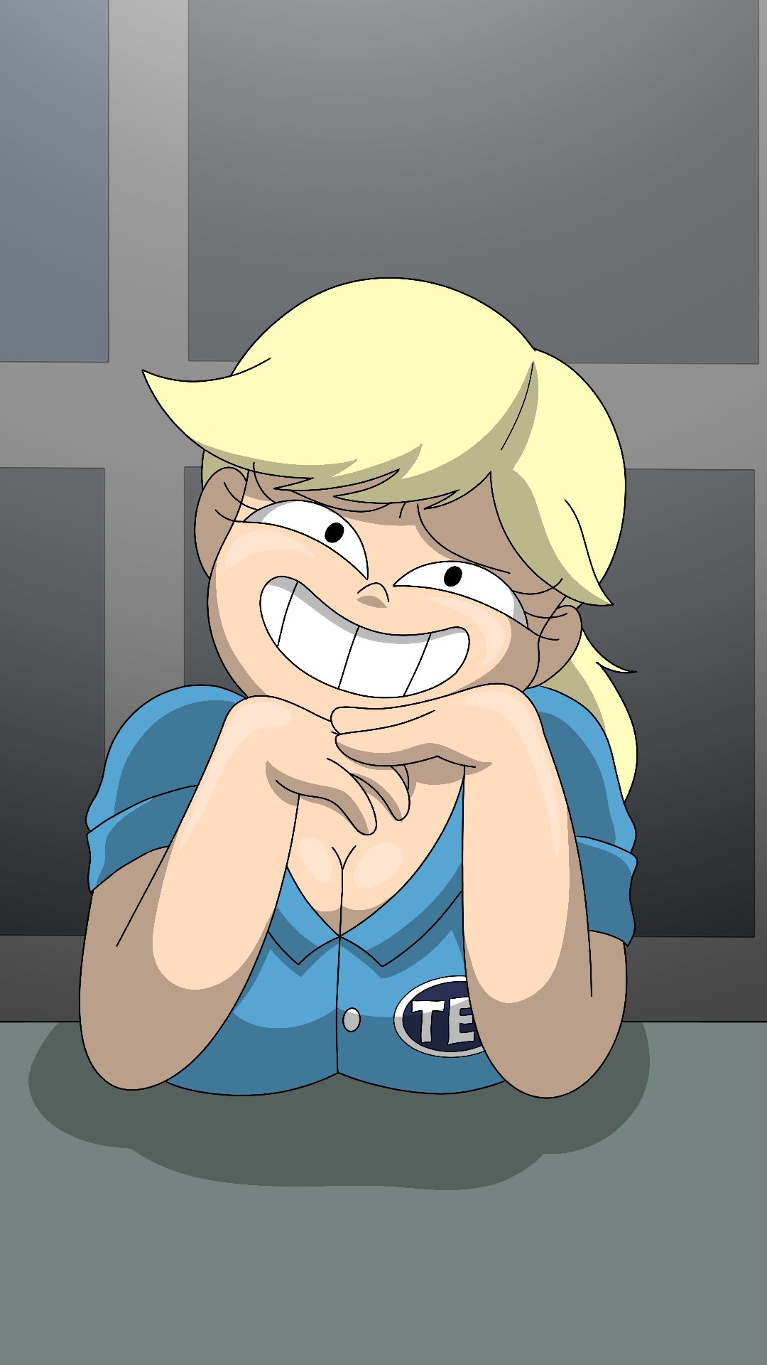 background character, big boobs, big breasts, blonde female, blonde hair, boobs, cleavage, clothed, female, female focus, female only, first porn of character, looking at viewer, ponytail, pov, public, revealing clothes, smile, smiling, smiling at viewer, solo female, tech team girl (the bad guys 2), the bad guys, the bad guys 2, work uniform
