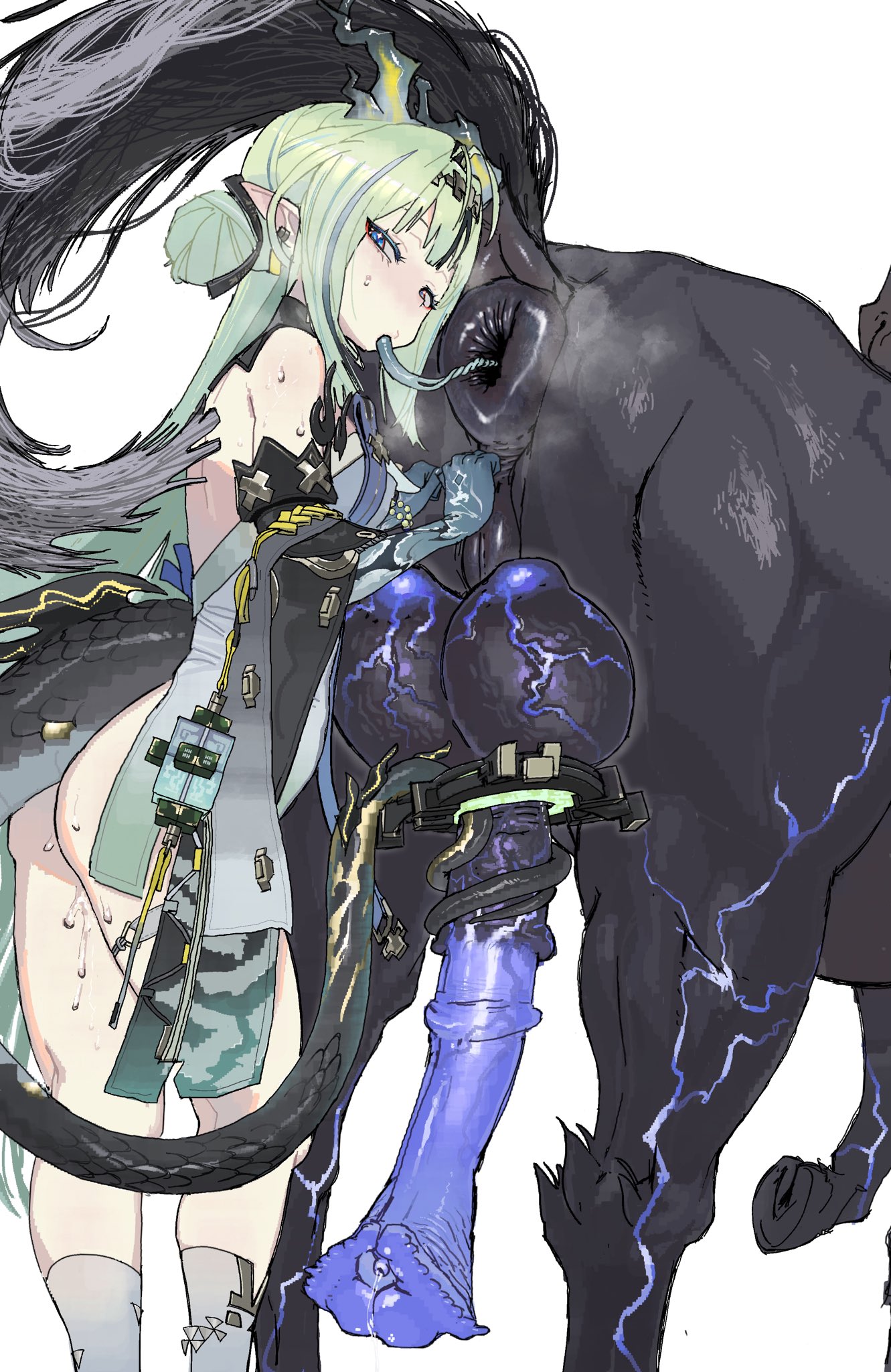 animal genitalia, animal penis, arknights: endfield, beast rimming, bestiality, china dress, female, feral, horse, horsecock, long tongue, no panties, rimming, si (arknights), tail, victim alice