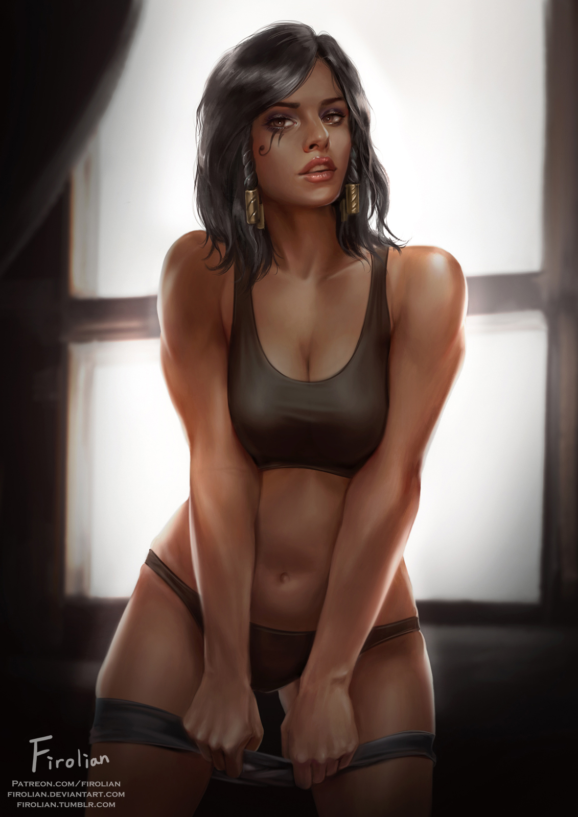 1girls, black hair, bra, breasts, cleavage, dark skin, dark-skinned female, female, female only, firolian, looking at viewer, overwatch, panties, pharah, shorts, shorts pull, solo, sports bra