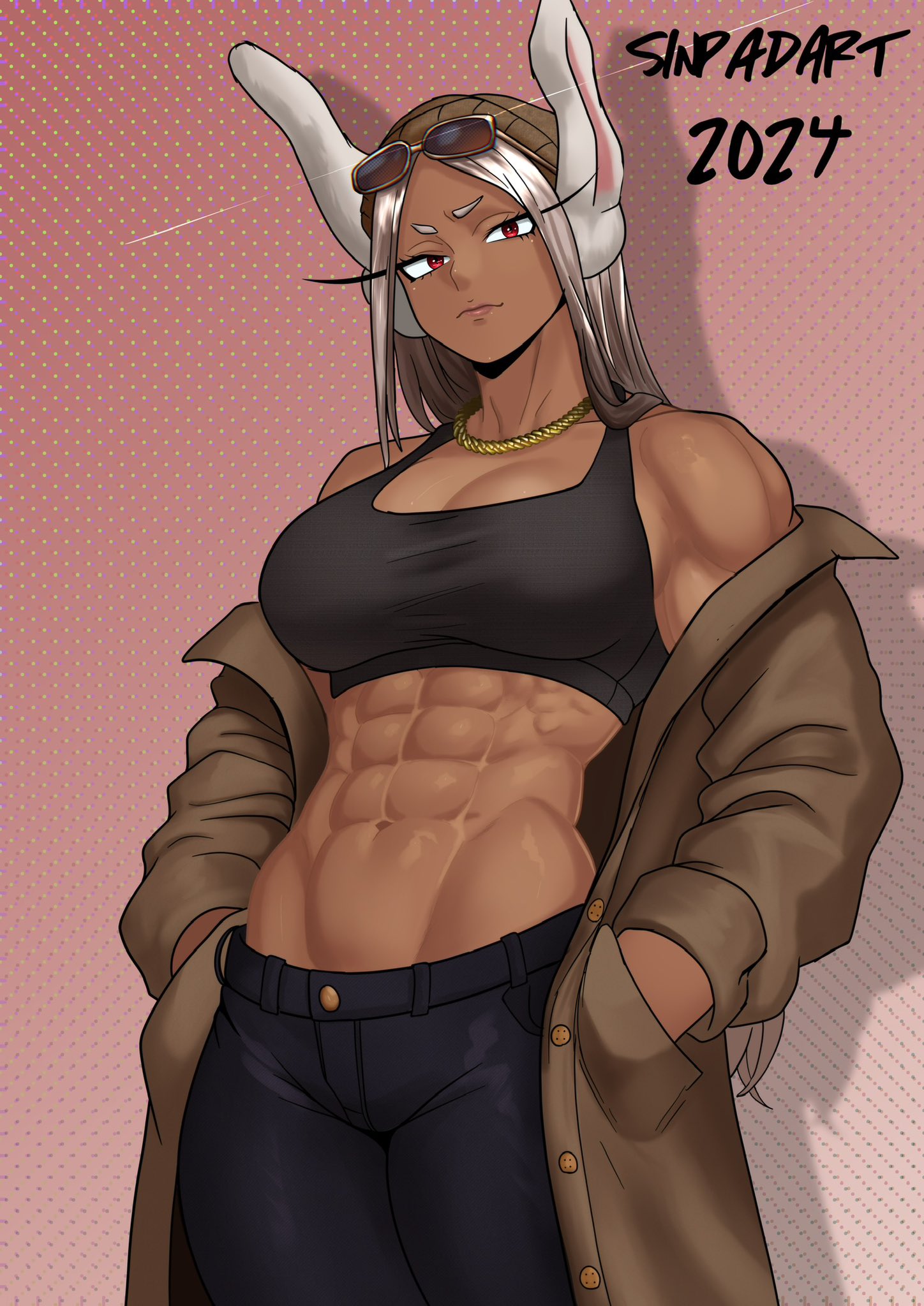 1girls, abs, absurd res, athletic, athletic female, biceps, big boobs, big breasts, big thighs, casual, curvy, curvy body, curvy female, curvy figure, hands in pockets, highres, huge boobs, huge breasts, huge thighs, long hair, looking at viewer, miruko, muscular, muscular arms, muscular female, muscular legs, muscular thighs, my hero academia, simple background, sinpadart, solo, solo female, solo focus, sunglasses, tan body, tan skin, tanned, tanned body, tanned female, tanned skin, thick thighs, voluptuous, voluptuous body, voluptuous female, white hair