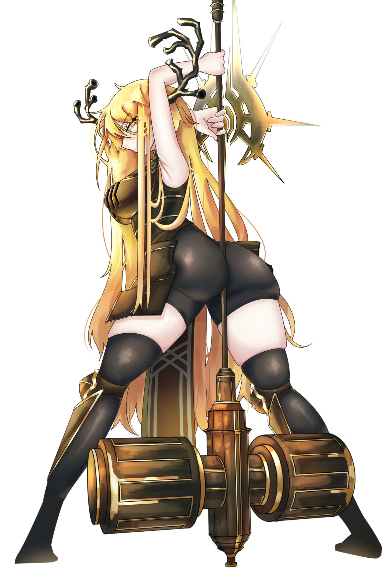 1girl, antlers, armor, ass, big ass, black necktie, black panties, black thighhighs, blonde hair, breasts, don quixote (limbus company), english commentary, female, gauntlets, halo, hammer, holding, holding hammer, horns, large breasts, limbus company, long hair, looking at viewer, necktie, panties, project moon, solo, thighhighs, underwear, very long hair