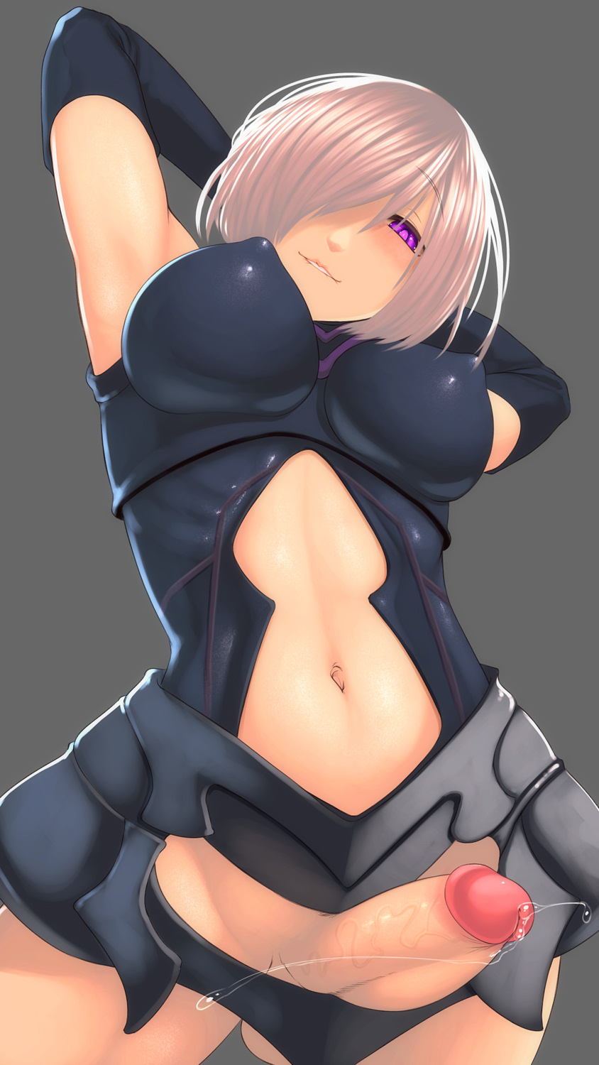 1futa, balls, balls in panties, big breasts, breasts, cleavage, cum, erection, fate (series), fate/grand order, futa only, futanari, hair over eye, intersex, large breasts, looking at viewer, mash kyrielight, penis, precum, rimviolet, shielder (fate/grand order), solo