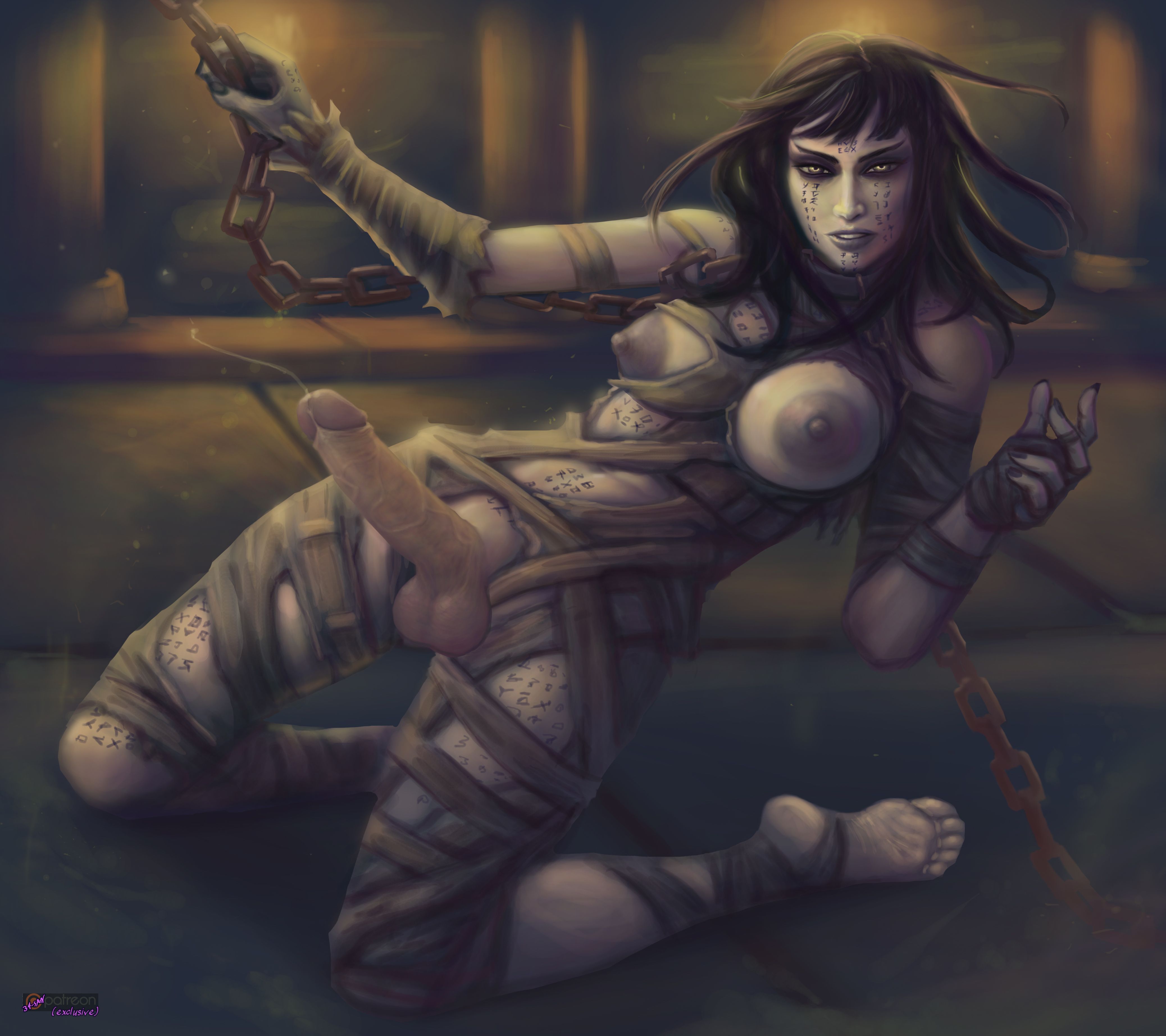 1futa, 34-san, balls, bandages, barefoot, black hair, breasts, erection, feet, futa only, futanari, highres, intersex, kneeling, large breasts, large penis, long hair, mummy, nipples, penis, precum, soles, solo, tattoo, testicles, toes