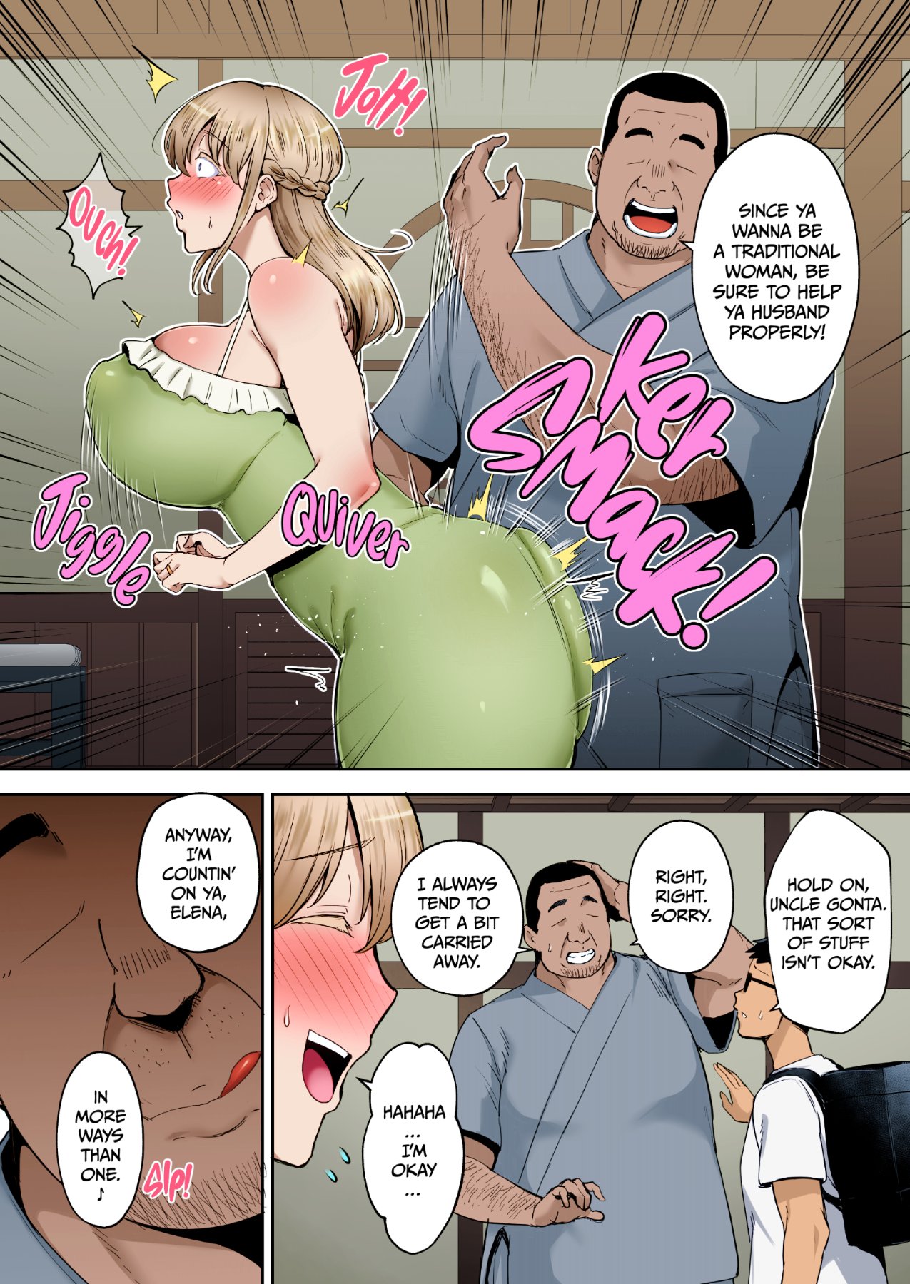 1boy, 1girls, big boobs, blonde hair, busty, cheating, cheating wife, colored, colorized edit, curvaceous, curvy, curvy figure, dress, dubious consent, english text, fat male, gagarin kichi, hetero, hi res, highres, huge breasts, large breasts, light-skinned female, long hair, mature, mature female, mature male, milf, original, sex, spanked butt, spanking ass, ugly bastard, ugly man, voluptuous, voluptuous body, voluptuous female