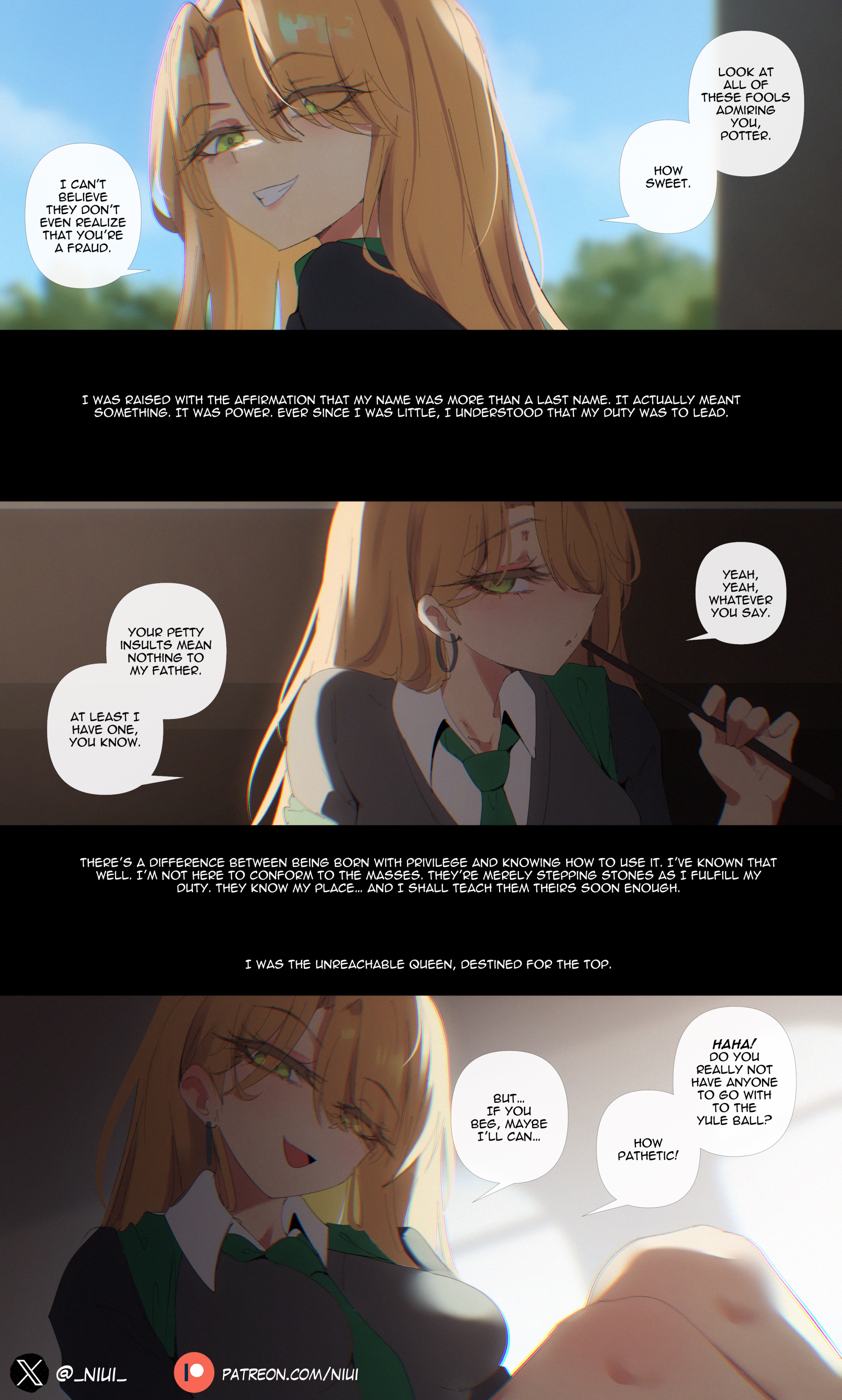 1girls, breasts, comic, draco malfoy, draco malfoy (redteneri), female, female focus, female only, genderswap, harry potter, large breasts, light skin, light-skinned female, looking at viewer, niui, rule 63, solo, thick thighs, thighs, wide hips