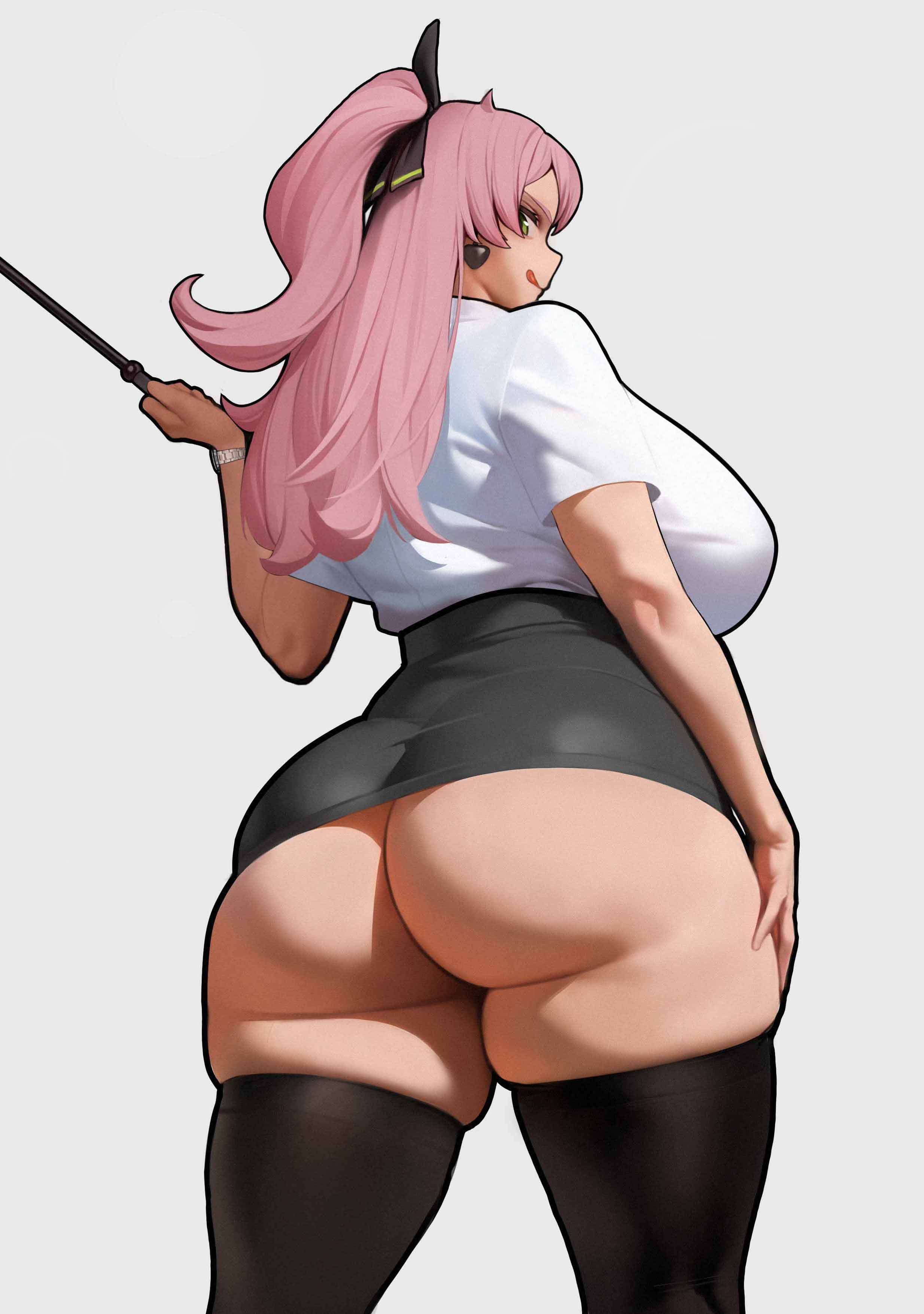 1girl, absurdres, ass, black skirt, black thighhighs, breasts, commentary, curvy, from behind, highres, huge ass, huge breasts, long hair, looking back, microskirt, nicole demara, pink hair, shirt, simple background, skirt, solo, spiralnoww, spiralnoww1, standing, thick thighs, thighhighs, white background, white shirt, zenless zone zero