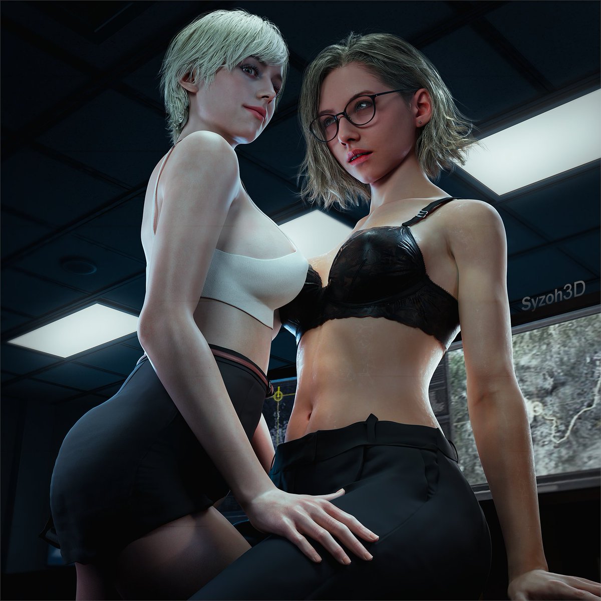 2girls, 3d, 3d (artwork), arched back, aroused, aroused face, aroused female, aroused smile, artist logo, artist request, belly button, blonde, blonde female, blonde hair, blonde hair female, blonde-haired female, bra, caucasian, caucasian female, child bearing hips, glasses, grace ashcroft, hourglass figure, lingerie, lingerie bra, looking back, mature, mature body, mature female, mature figure, mature woman, medium breasts, medium hair, office, office clothing, office lady, older female, pale skin, pale-skinned female, resident evil, resident evil 9: requiem, sherry birkin, shirt down, short hair, sideboob, sitting, skirt, sole female, teasing, teasing viewer, thick ass, thick thighs, touching thigh, underwear, video game character, viewed from below, wide hips, younger female