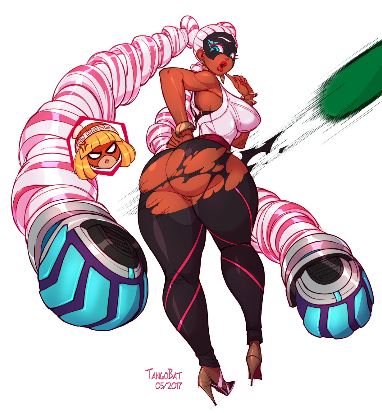 :o, 2girls, anger vein, angry, arms (game), ass, blue eyes, breasts, dark skin, dark-skinned female, drill hair, female, from behind, high heels, highres, long hair, looking back, medium breasts, min min (arms), multiple females, multiple girls, nail polish, nintendo, no panties, pants, pussy, solo focus, tangobat, teenager, thick thighs, torn clothes, twin drills, twintails, twintelle, very long hair
